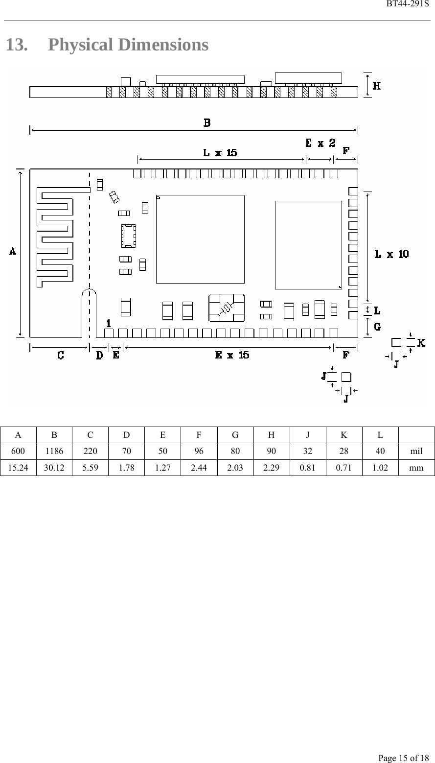  BT44-291S Page 15 of 18 13. Physical Dimensions   A B C D E  F G H  J  K L  600 1186 220 70 50 96 80 90 32 28 40 mil 15.24 30.12 5.59 1.78 1.27 2.44 2.03 2.29 0.81 0.71 1.02 mm  