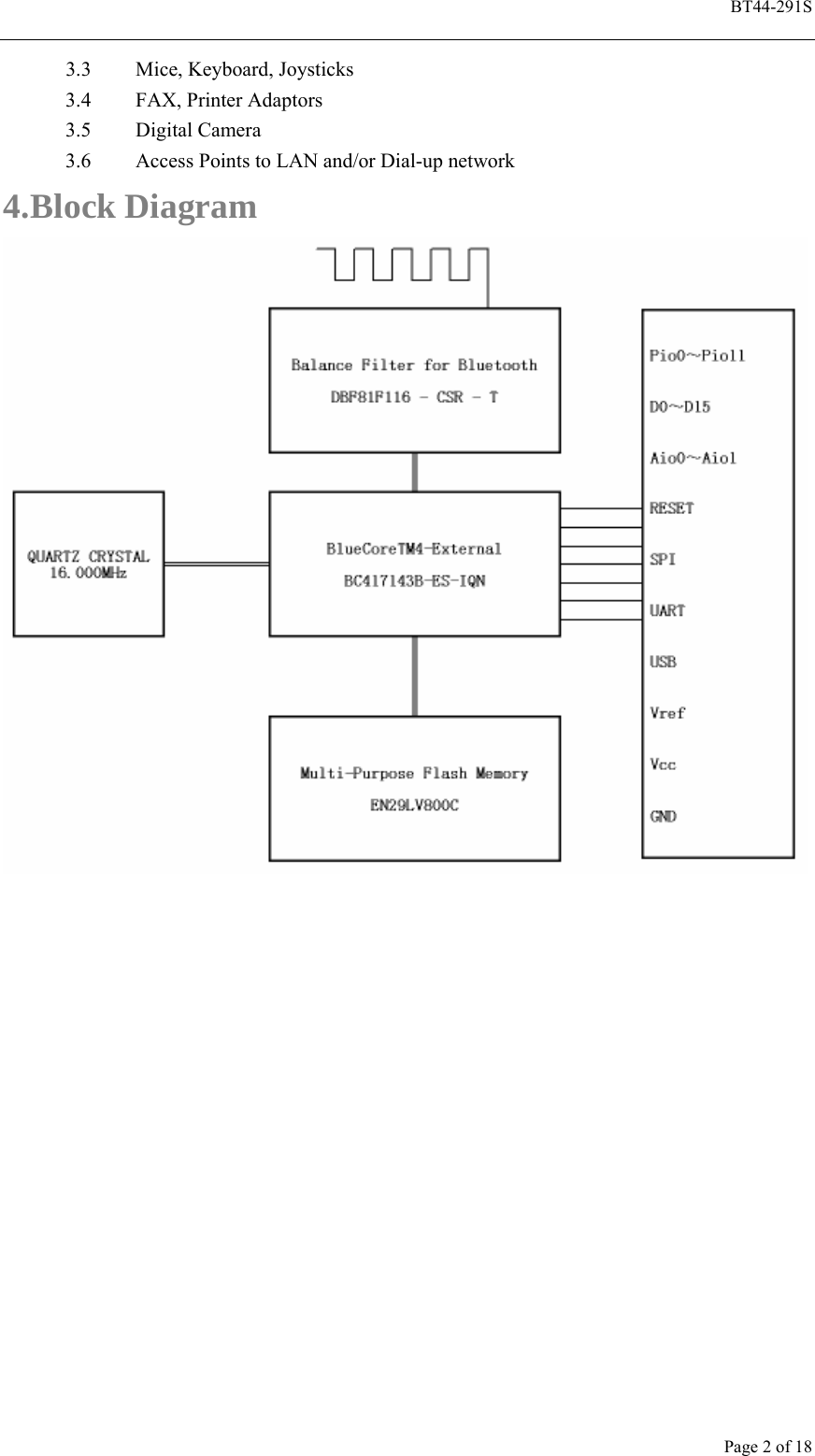  BT44-291S Page 2 of 18 3.3 Mice, Keyboard, Joysticks 3.4 FAX, Printer Adaptors 3.5 Digital Camera 3.6 Access Points to LAN and/or Dial-up network 4. Block Diagram   