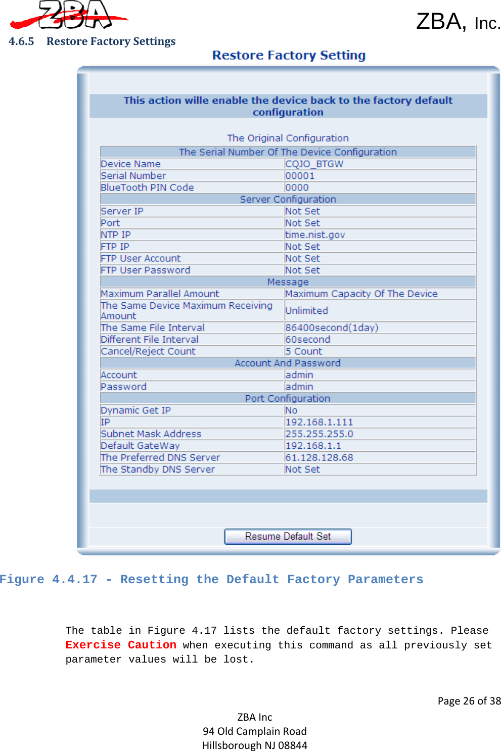  ZBA, Inc.Page26of38ZBAInc94OldCamplainRoadHillsboroughNJ088444.6.5 RestoreFactorySettings Figure 4.4.17 - Resetting the Default Factory Parameters    The table in Figure 4.17 lists the default factory settings. Please Exercise Caution when executing this command as all previously set parameter values will be lost.   