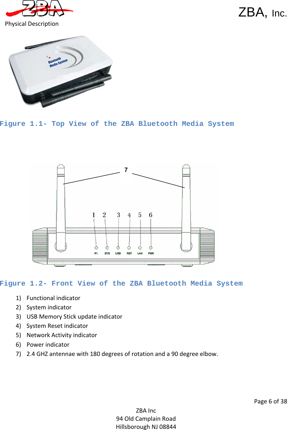  ZBA, Inc.Page6of38ZBAInc94OldCamplainRoadHillsboroughNJ08844PhysicalDescriptionFigure 1.1- Top View of the ZBA Bluetooth Media System    Figure 1.2- Front View of the ZBA Bluetooth Media System 1) Functionalindicator2) Systemindicator3) USBMemoryStickupdateindicator4) SystemResetindicator5) NetworkActivityindicator6) Powerindicator7) 2.4GHZantennaewith180degreesofrotationanda90degreeelbow.7 