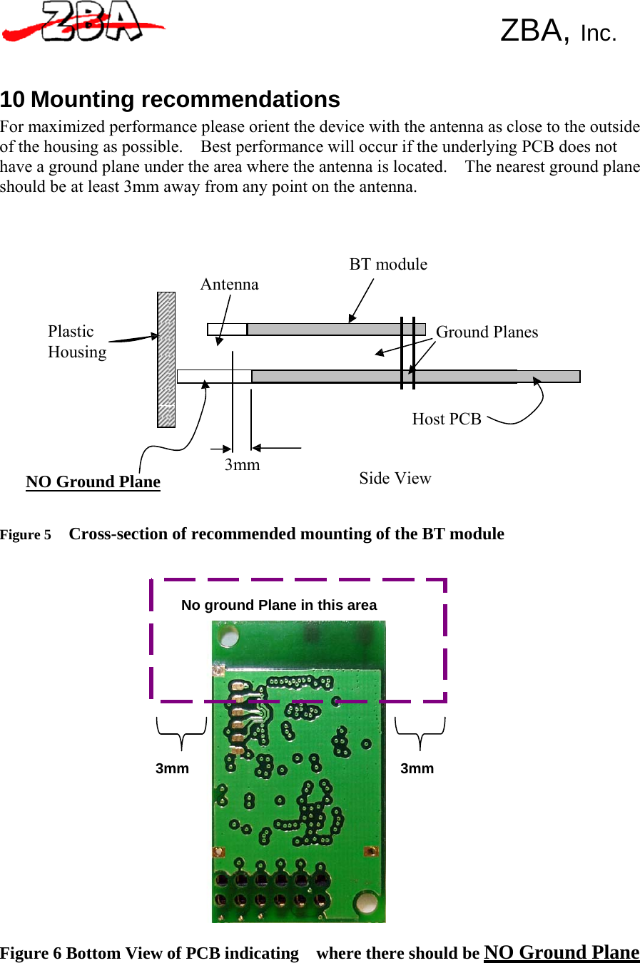 ZBA, Inc.      10 Mounting recommendations For maximized performance please orient the device with the antenna as close to the outside of the housing as possible.    Best performance will occur if the underlying PCB does not have a ground plane under the area where the antenna is located.    The nearest ground plane should be at least 3mm away from any point on the antenna.      Antenna BT module   Plastic Housing Ground Planes    Host PCB    NO Ground Plane 3mm   Side View   Figure 5    Cross-section of recommended mounting of the BT module     No ground Plane in this area           3mm 3mm            Figure 6 Bottom View of PCB indicating    where there should be NO Ground Plane