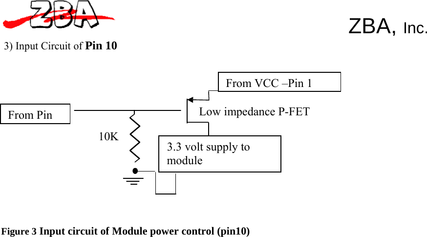  ZBA, Inc.   3) Input Circuit of Pin 10      From VCC –Pin 1   From Pin  Low impedance P-FET  10K 3.3 volt supply to module       Figure 3 Input circuit of Module power control (pin10) 