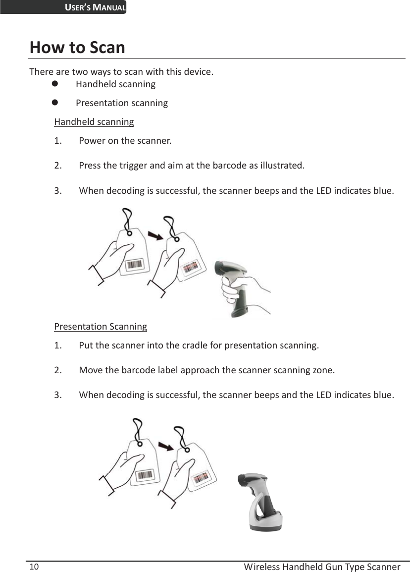 USER’S MANUAL  Wireless Handheld Gun Type Scanner 10 How to Scan There are two ways to scan with this device. z Handheld scanning z Presentation scanning   Handheld scanning 1. Power on the scanner. 2. Press the trigger and aim at the barcode as illustrated. 3. When decoding is successful, the scanner beeps and the LED indicates blue.            Presentation Scanning 1. Put the scanner into the cradle for presentation scanning.   2. Move the barcode label approach the scanner scanning zone.   3. When decoding is successful, the scanner beeps and the LED indicates blue.             