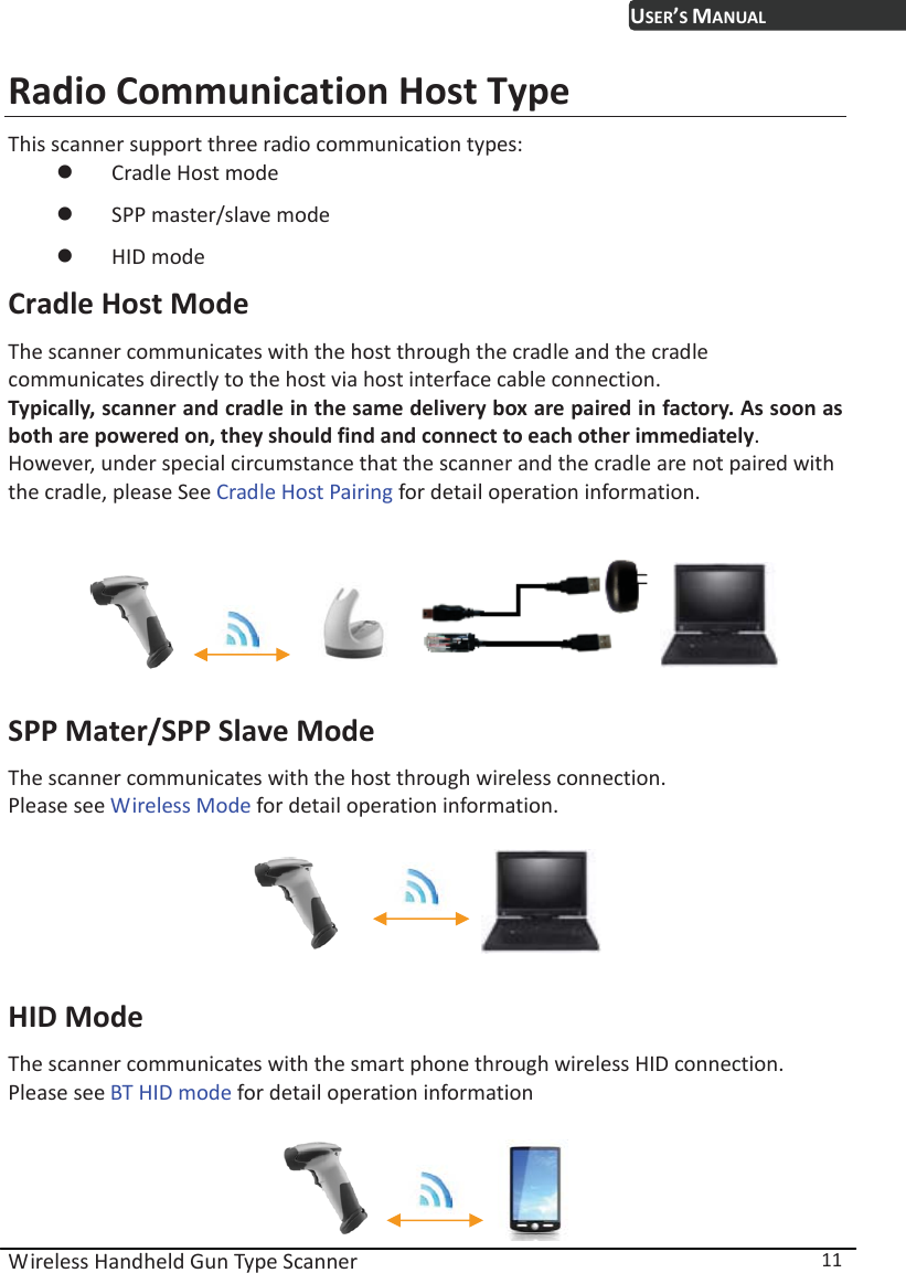 USER’S MANUAL Wireless Handheld Gun Type Scanner  11 Radio Communication Host Type This scanner support three radio communication types: z Cradle Host mode z SPP master/slave mode z HID mode Cradle Host Mode The scanner communicates with the host through the cradle and the cradle communicates directly to the host via host interface cable connection. Typically, scanner and cradle in the same delivery box are paired in factory. As soon as both are powered on, they should find and connect to each other immediately.   However, under special circumstance that the scanner and the cradle are not paired with the cradle, please See Cradle Host Pairing for detail operation information.                                                 SPP Mater/SPP Slave Mode The scanner communicates with the host through wireless connection. Please see Wireless Mode for detail operation information.                 HID Mode The scanner communicates with the smart phone through wireless HID connection. Please see BT HID mode for detail operation information               
