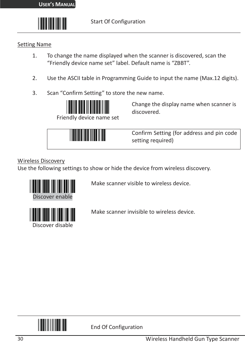 USER’S MANUAL  Wireless Handheld Gun Type Scanner 30  Start Of Configuration  Setting Name 1. To change the name displayed when the scanner is discovered, scan the “Friendly device name set” label. Default name is “ZBBT”. 2. Use the ASCII table in Programming Guide to input the name (Max.12 digits). 3. Scan “Confirm Setting” to store the new name.  Friendly device name set Change the display name when scanner is discovered.   Confirm Setting (for address and pin code setting required)  Wireless Discovery Use the following settings to show or hide the device from wireless discovery.   Discover enable  Make scanner visible to wireless device.  Discover disable Make scanner invisible to wireless device.             End Of Configuration 
