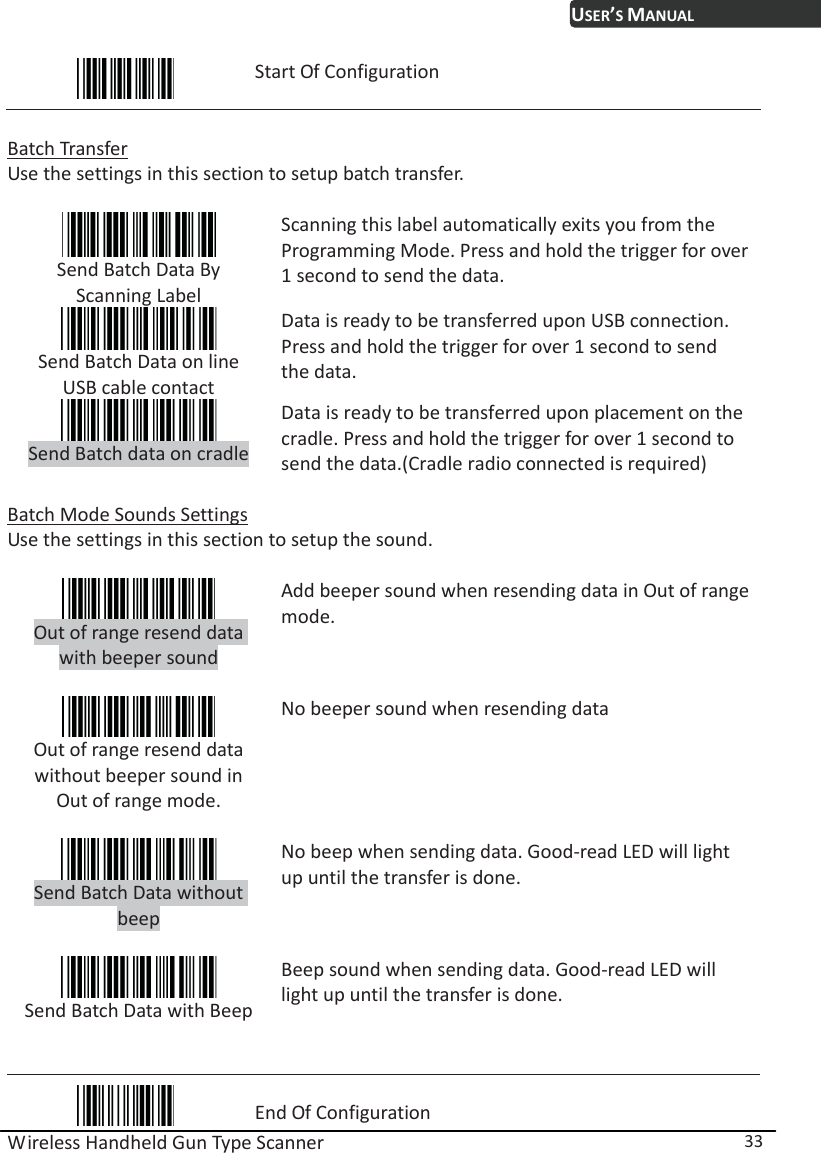 USER’S MANUAL Wireless Handheld Gun Type Scanner  33  Start Of Configuration  Batch Transfer Use the settings in this section to setup batch transfer.   Send Batch Data By Scanning Label   Scanning this label automatically exits you from the Programming Mode. Press and hold the trigger for over 1 second to send the data.  Send Batch Data on line USB cable contact Data is ready to be transferred upon USB connection. Press and hold the trigger for over 1 second to send the data.  Send Batch data on cradle Data is ready to be transferred upon placement on the cradle. Press and hold the trigger for over 1 second to send the data.(Cradle radio connected is required)  Batch Mode Sounds Settings Use the settings in this section to setup the sound.   Out of range resend data with beeper sound  Add beeper sound when resending data in Out of range mode.  Out of range resend data without beeper sound in Out of range mode.  No beeper sound when resending data  Send Batch Data without beep  No beep when sending data. Good-read LED will light up until the transfer is done.  Send Batch Data with Beep Beep sound when sending data. Good-read LED will light up until the transfer is done.   End Of Configuration 