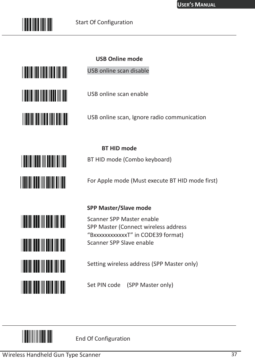 USER’S MANUAL Wireless Handheld Gun Type Scanner  37  Start Of Configuration   USB Online mode   USB online scan disable   USB online scan enable  USB online scan, Ignore radio communication   BT HID mode  BT HID mode (Combo keyboard)  For Apple mode (Must execute BT HID mode first)  SPP Master/Slave mode  Scanner SPP Master enable SPP Master (Connect wireless address “BxxxxxxxxxxxxT” in CODE39 format)  Scanner SPP Slave enable  Setting wireless address (SPP Master only)  Set PIN code    (SPP Master only)     End Of Configuration 