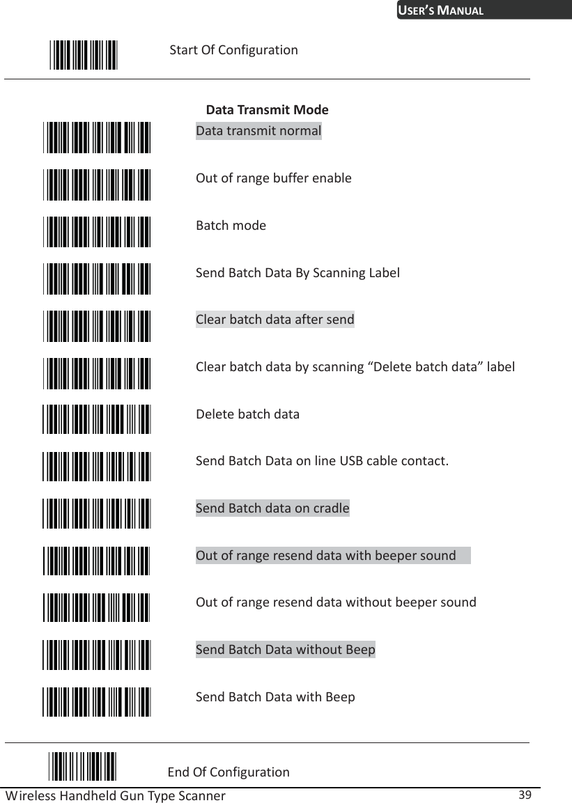 USER’S MANUAL Wireless Handheld Gun Type Scanner  39  Start Of Configuration  Data Transmit Mode  Data transmit normal  Out of range buffer enable  Batch mode   Send Batch Data By Scanning Label   Clear batch data after send  Clear batch data by scanning “Delete batch data” label  Delete batch data   Send Batch Data on line USB cable contact.   Send Batch data on cradle   Out of range resend data with beeper sound      Out of range resend data without beeper sound  Send Batch Data without Beep   Send Batch Data with Beep   End Of Configuration 