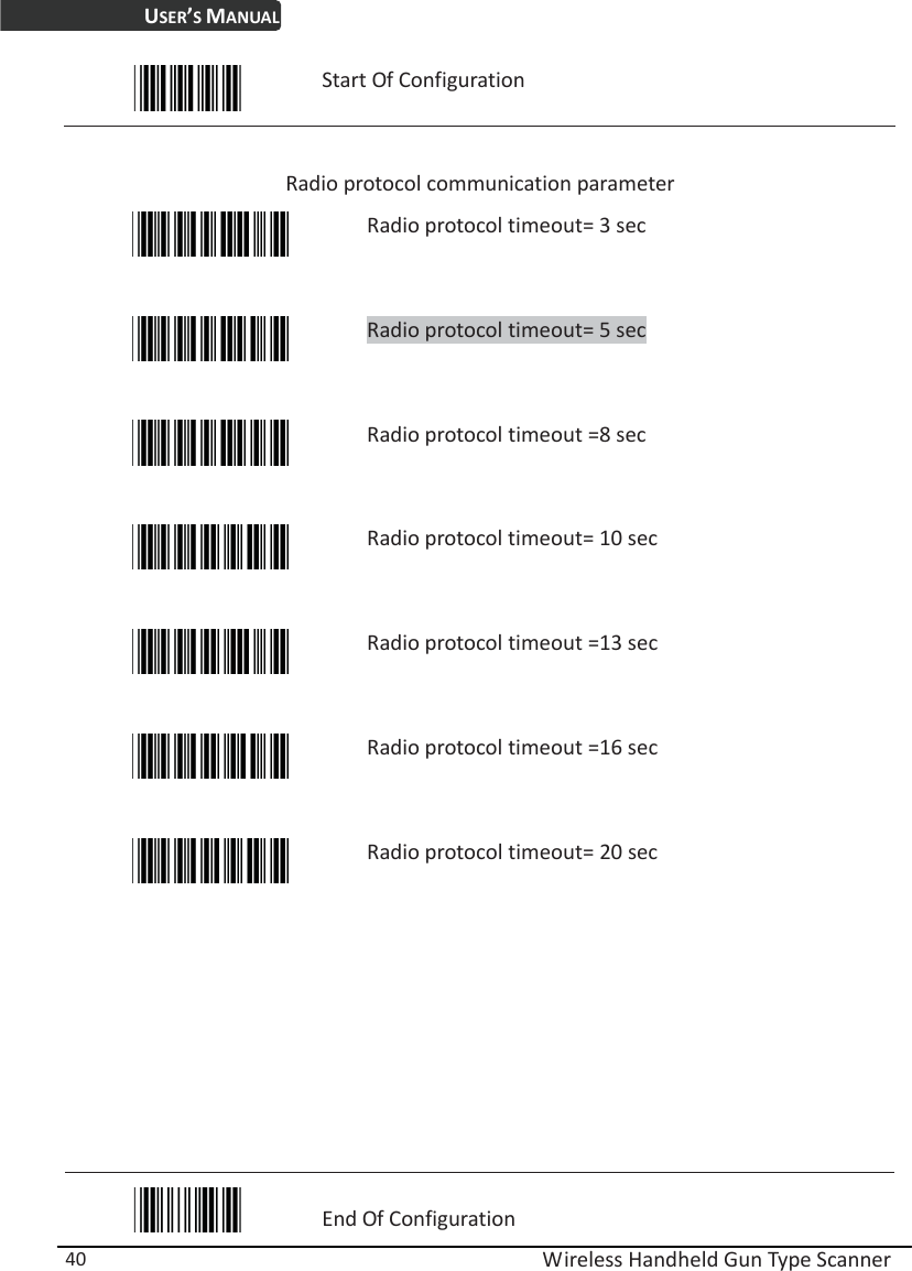 USER’S MANUAL  Wireless Handheld Gun Type Scanner 40  Start Of Configuration  Radio protocol communication parameter  Radio protocol timeout= 3 sec  Radio protocol timeout= 5 sec  Radio protocol timeout =8 sec  Radio protocol timeout= 10 sec  Radio protocol timeout =13 sec  Radio protocol timeout =16 sec  Radio protocol timeout= 20 sec            End Of Configuration 