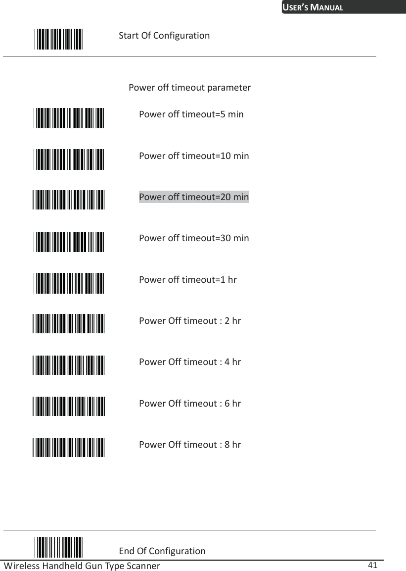 USER’S MANUAL Wireless Handheld Gun Type Scanner  41  Start Of Configuration  Power off timeout parameter  Power off timeout=5 min  Power off timeout=10 min  Power off timeout=20 min  Power off timeout=30 min  Power off timeout=1 hr  Power Off timeout : 2 hr  Power Off timeout : 4 hr  Power Off timeout : 6 hr  Power Off timeout : 8 hr      End Of Configuration 