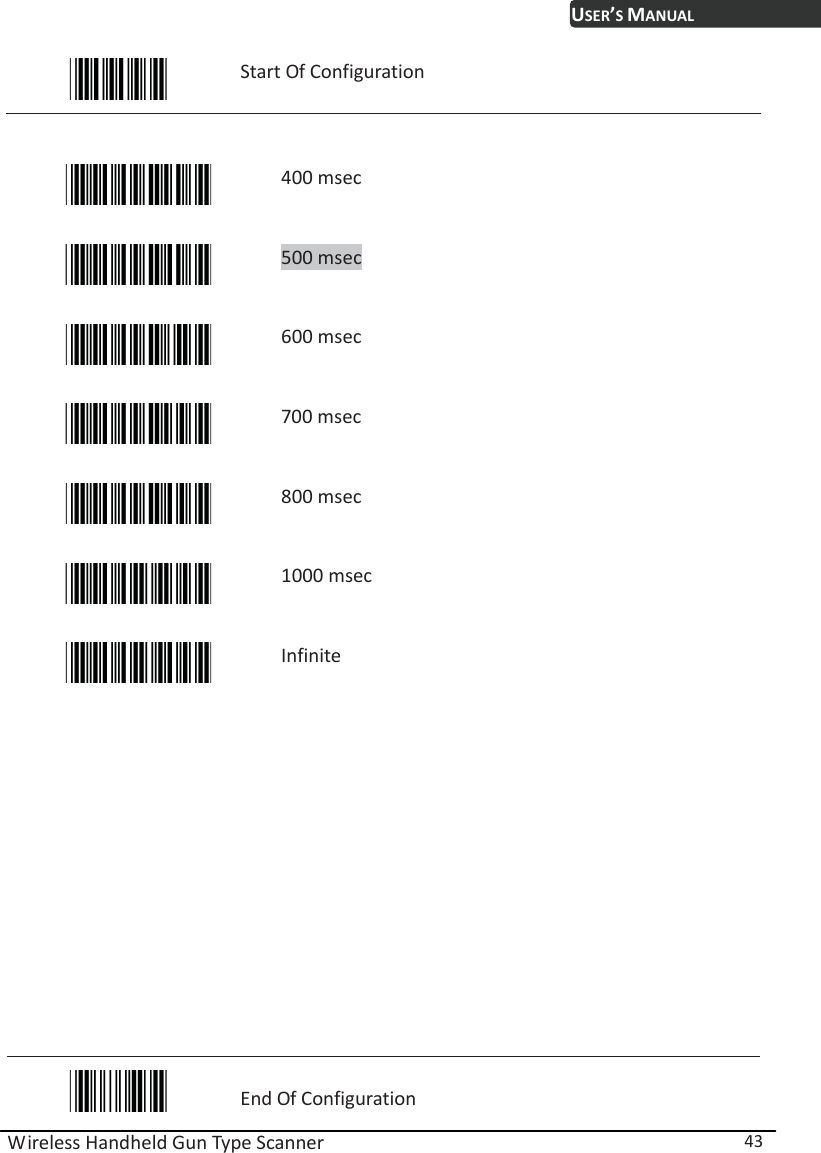 USER’S MANUAL Wireless Handheld Gun Type Scanner  43  Start Of Configuration    400 msec  500 msec  600 msec  700 msec  800 msec  1000 msec  Infinite                  End Of Configuration 