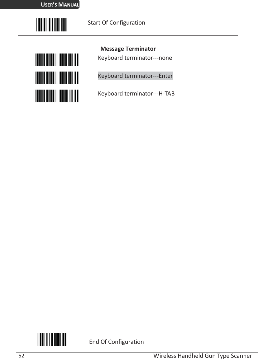 USER’S MANUAL  Wireless Handheld Gun Type Scanner 52  Start Of Configuration  Message Terminator  Keyboard terminator---none  Keyboard terminator---Enter  Keyboard terminator---H-TAB                              End Of Configuration 