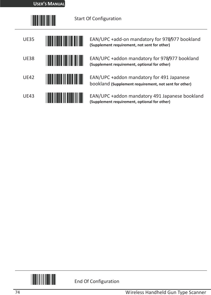 USER’S MANUAL  Wireless Handheld Gun Type Scanner 74  Start Of Configuration  UE35  EAN/UPC +add-on mandatory for 978/977 bookland (Supplement requirement, not sent for other) UE38  EAN/UPC +addon mandatory for 978/977 bookland (Supplement requirement, optional for other) UE42  EAN/UPC +addon mandatory for 491 Japanese bookland (Supplement requirement, not sent for other) UE43  EAN/UPC +addon mandatory 491 Japanese bookland (Supplement requirement, optional for other)                          End Of Configuration 