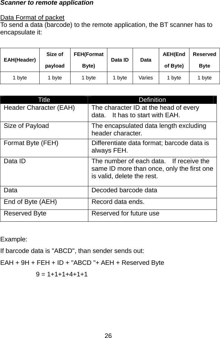  Scanner to remote application  Data Format of packet To send a data (barcode) to the remote application, the BT scanner has to encapsulate it:    EAH(Header)  Size of payloadFEH(Format Byte)  Data ID  Data  AEH(End of Byte)Reserved Byte 1 byte  1 byte  1 byte  1 byte  Varies 1 byte  1 byte  Title  Definition Header Character (EAH)  The character ID at the head of every data.    It has to start with EAH. Size of Payload  The encapsulated data length excluding header character. Format Byte (FEH)  Differentiate data format; barcode data is always FEH. Data ID  The number of each data.    If receive the same ID more than once, only the first one is valid, delete the rest. Data  Decoded barcode data End of Byte (AEH)  Record data ends. Reserved Byte  Reserved for future use  Example:  If barcode data is &quot;ABCD&quot;, than sender sends out: EAH + 9H + FEH + ID + &quot;ABCD &quot;+ AEH + Reserved Byte              9 = 1+1+1+4+1+1     26 