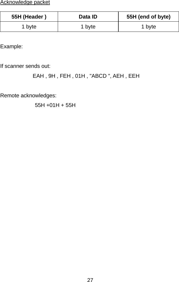  Acknowledge packet  55H (Header )  Data ID  55H (end of byte) 1 byte  1 byte  1 byte  Example:   If scanner sends out:                         EAH , 9H , FEH , 01H , &quot;ABCD &quot;, AEH , EEH              Remote acknowledges:                 55H +01H + 55H                 27 