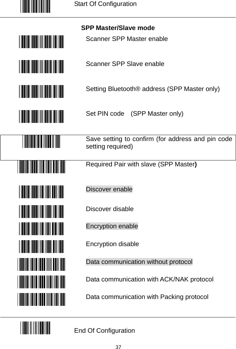   Start Of Configuration  SPP Master/Slave mode  Scanner SPP Master enable  Scanner SPP Slave enable  Setting Bluetooth® address (SPP Master only)  Set PIN code    (SPP Master only)  Save setting to confirm (for address and pin code setting required)  Required Pair with slave (SPP Master)  Discover enable    Discover disable    Encryption enable    Encryption disable  Data communication without protocol    Data communication with ACK/NAK protocol  Data communication with Packing protocol     End Of Configuration  37