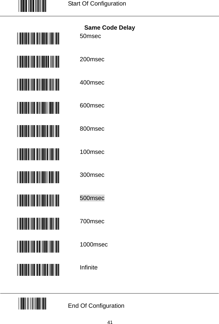   Start Of Configuration  Same Code Delay  50msec  200msec  400msec  600msec  800msec  100msec  300msec  500msec  700msec  1000msec  Infinite   End Of Configuration   41