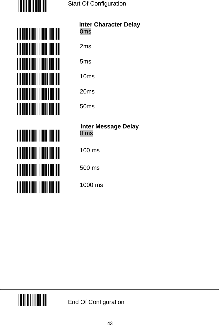   Start Of Configuration  Inter Character Delay  0ms  2ms  5ms  10ms  20ms  50ms  Inter Message Delay  0 ms  100 ms  500 ms  1000 ms                End Of Configuration  43