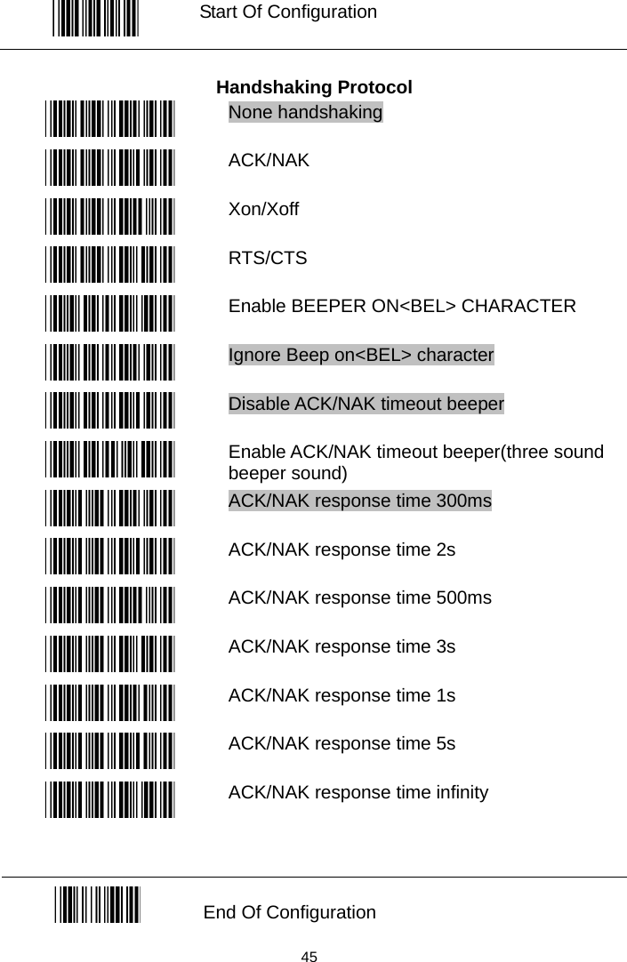   Start Of Configuration  Handshaking Protocol  None handshaking  ACK/NAK  Xon/Xoff  RTS/CTS  Enable BEEPER ON&lt;BEL&gt; CHARACTER  Ignore Beep on&lt;BEL&gt; character  Disable ACK/NAK timeout beeper  Enable ACK/NAK timeout beeper(three sound beeper sound)  ACK/NAK response time 300ms  ACK/NAK response time 2s  ACK/NAK response time 500ms  ACK/NAK response time 3s  ACK/NAK response time 1s  ACK/NAK response time 5s  ACK/NAK response time infinity    End Of Configuration  45