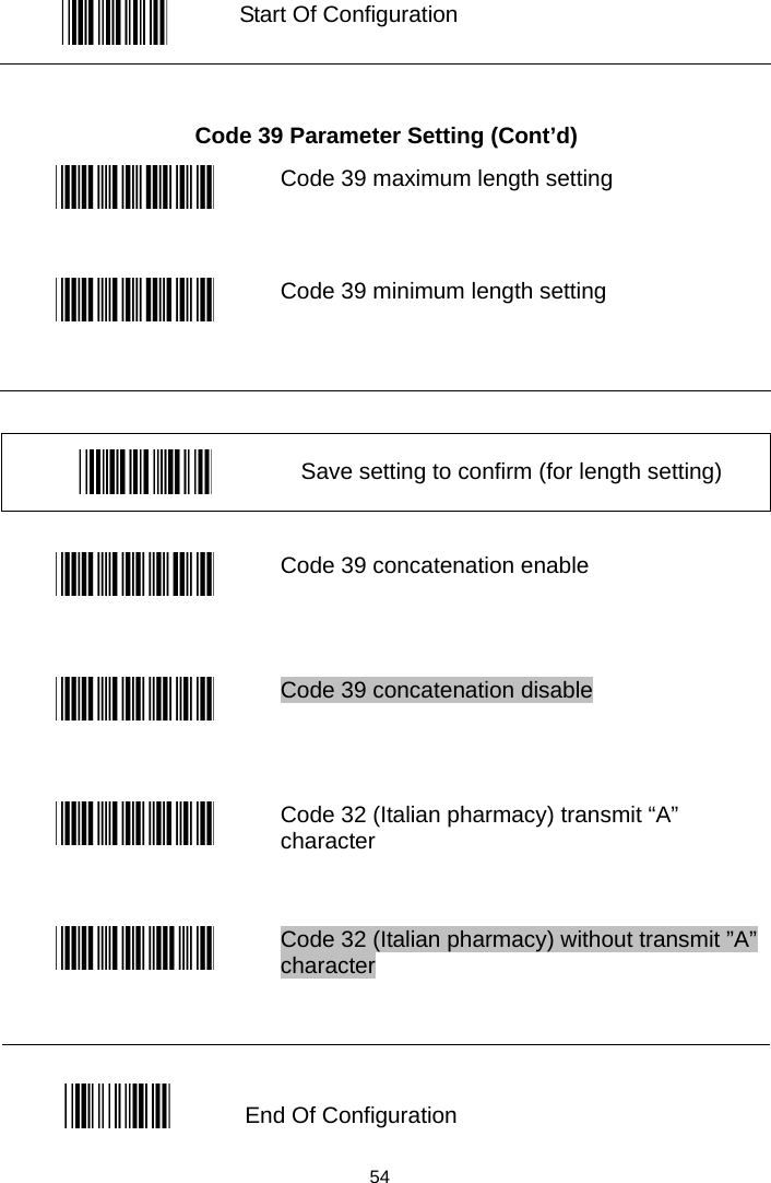   Start Of Configuration  Code 39 Parameter Setting (Cont’d)  Code 39 maximum length setting  Code 39 minimum length setting   Save setting to confirm (for length setting)   Code 39 concatenation enable  Code 39 concatenation disable  Code 32 (Italian pharmacy) transmit “A” character  Code 32 (Italian pharmacy) without transmit ”A” character  End Of Configuration  54