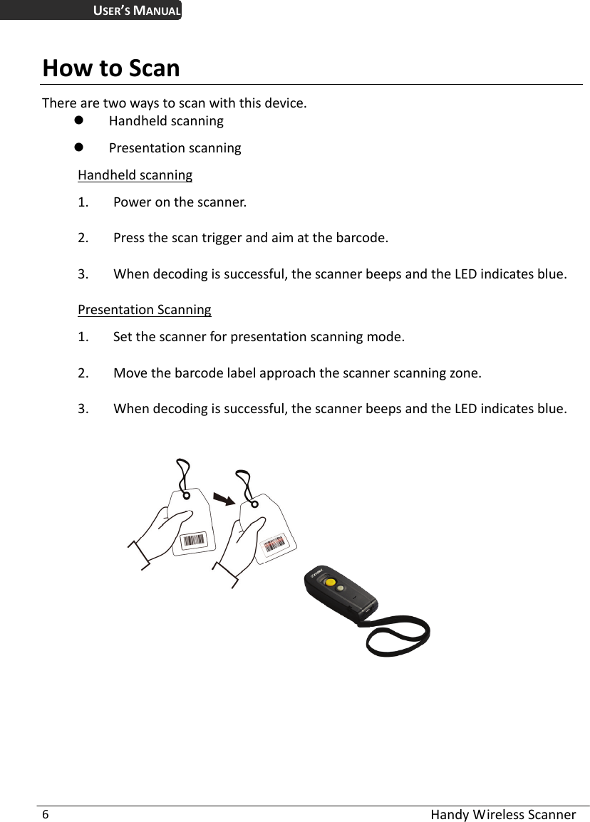 USER’S MANUAL  Handy Wireless Scanner 6 How to Scan There are two ways to scan with this device.  Handheld scanning  Presentation scanning   Handheld scanning 1. Power on the scanner. 2. Press the scan trigger and aim at the barcode. 3. When decoding is successful, the scanner beeps and the LED indicates blue. Presentation Scanning 1. Set the scanner for presentation scanning mode.   2. Move the barcode label approach the scanner scanning zone.   3. When decoding is successful, the scanner beeps and the LED indicates blue.        