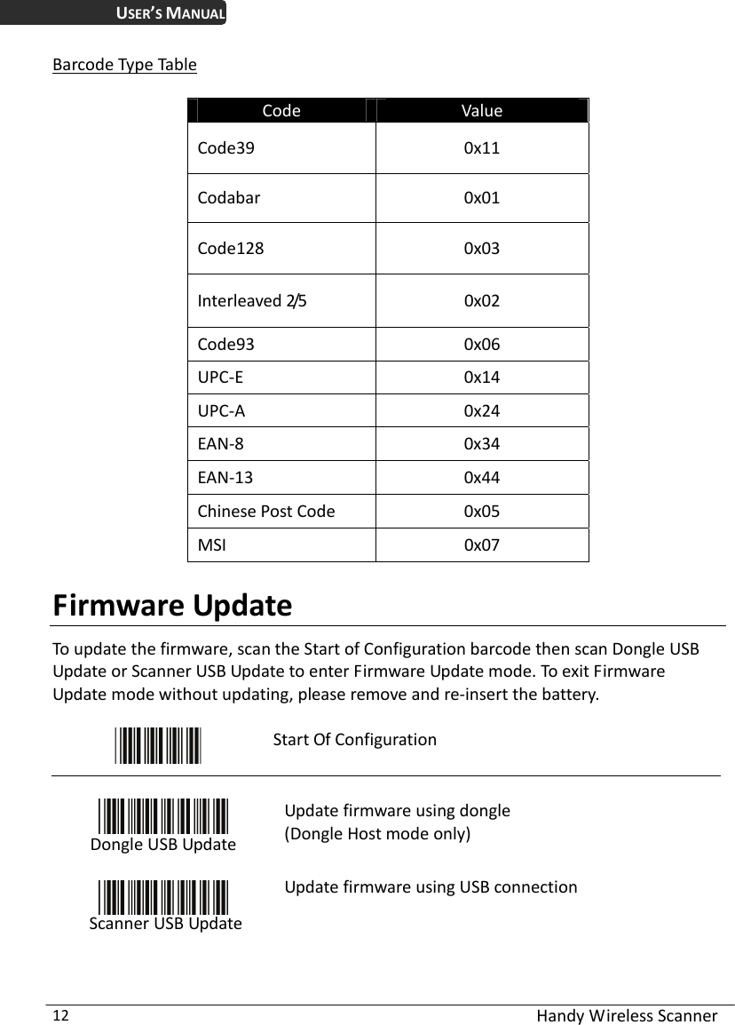 USER’S MANUAL  Handy Wireless Scanner 12 Barcode Type Table  Code  Value Code39 0x11 Codabar 0x01 Code128 0x03 Interleaved 2/5  0x02 Code93 0x06 UPC-E 0x14 UPC-A 0x24 EAN-8 0x34 EAN-13 0x44 Chinese Post Code  0x05 MSI 0x07  Firmware Update To update the firmware, scan the Start of Configuration barcode then scan Dongle USB Update or Scanner USB Update to enter Firmware Update mode. To exit Firmware Update mode without updating, please remove and re-insert the battery.    Start Of Configuration   Dongle USB Update  Update firmware using dongle (Dongle Host mode only)  Scanner USB Update Update firmware using USB connection 