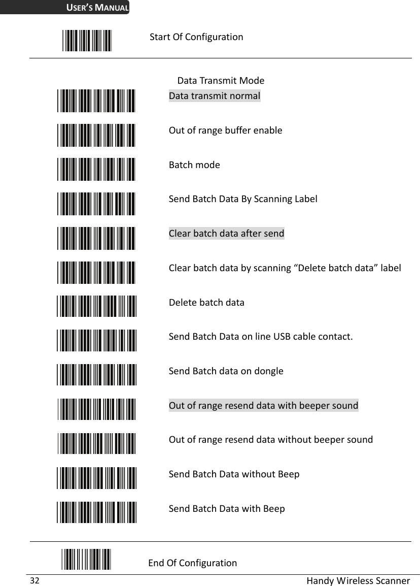 USER’S MANUAL  Handy Wireless Scanner 32  Start Of Configuration  Data Transmit Mode  Data transmit normal  Out of range buffer enable  Batch mode   Send Batch Data By Scanning Label   Clear batch data after send  Clear batch data by scanning “Delete batch data” label  Delete batch data   Send Batch Data on line USB cable contact.   Send Batch data on dongle   Out of range resend data with beeper sound      Out of range resend data without beeper sound  Send Batch Data without Beep   Send Batch Data with Beep   End Of Configuration 