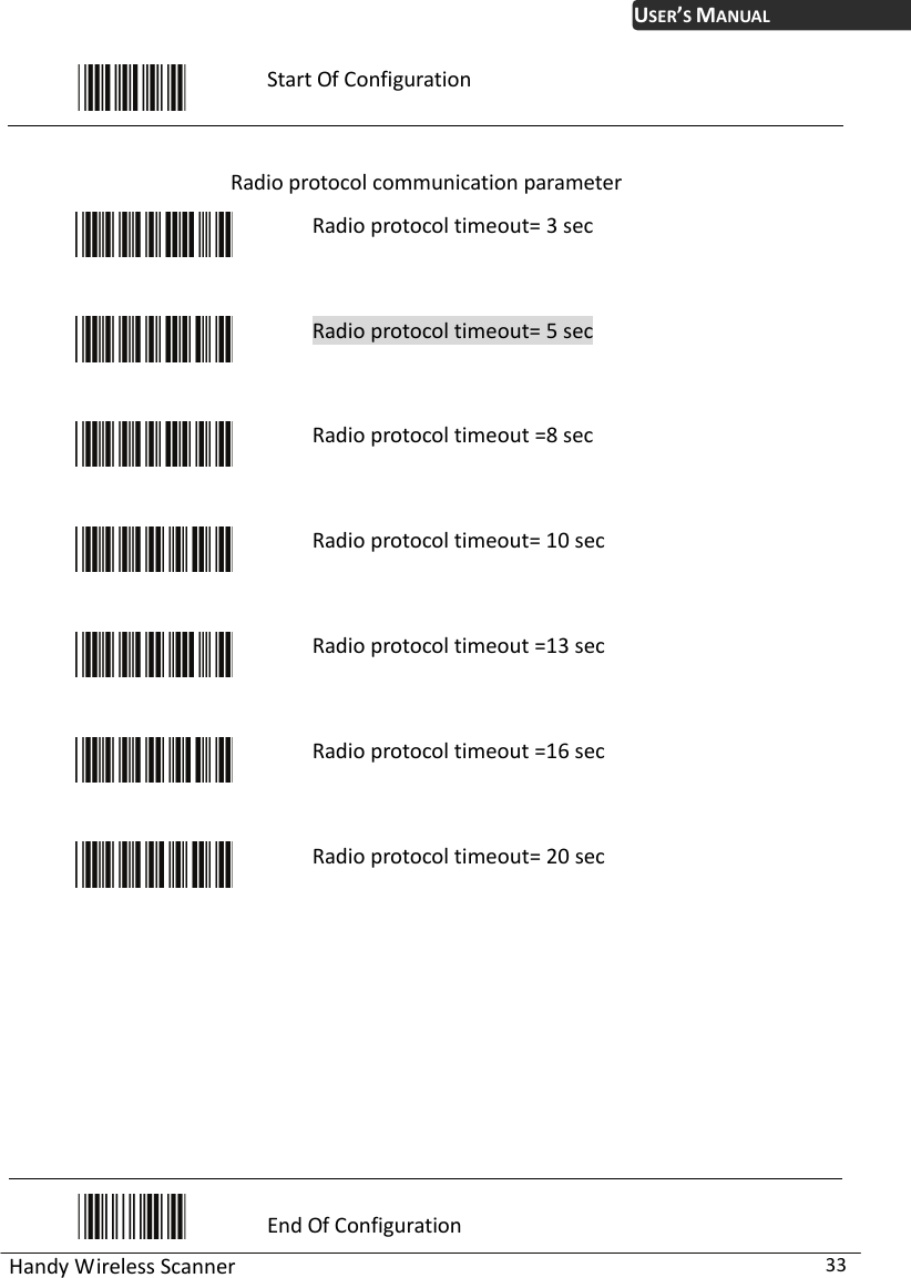 USER’S MANUAL Handy Wireless Scanner  33  Start Of Configuration  Radio protocol communication parameter  Radio protocol timeout= 3 sec  Radio protocol timeout= 5 sec  Radio protocol timeout =8 sec  Radio protocol timeout= 10 sec  Radio protocol timeout =13 sec  Radio protocol timeout =16 sec  Radio protocol timeout= 20 sec            End Of Configuration 