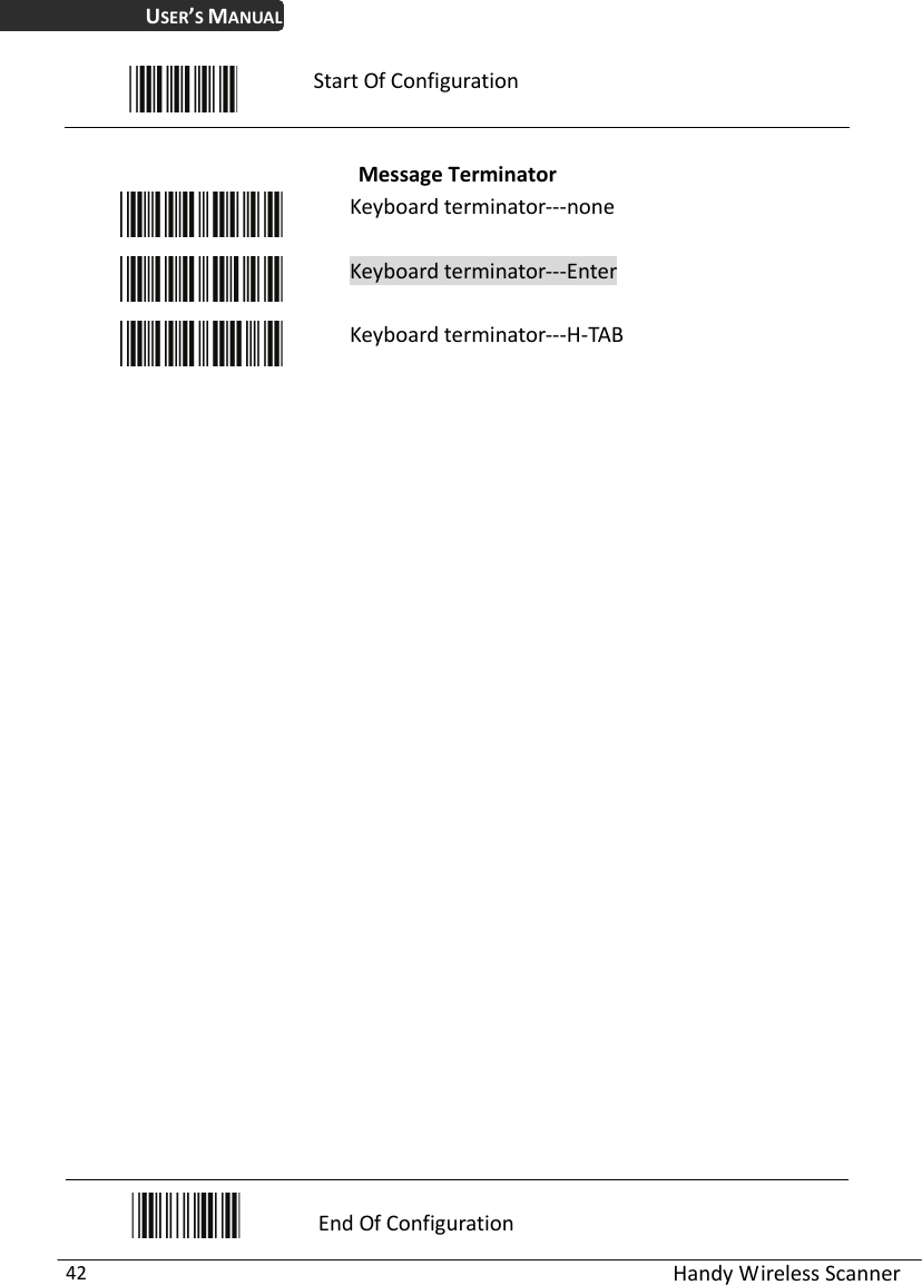 USER’S MANUAL  Handy Wireless Scanner 42  Start Of Configuration  Message Terminator  Keyboard terminator---none  Keyboard terminator---Enter  Keyboard terminator---H-TAB                              End Of Configuration 