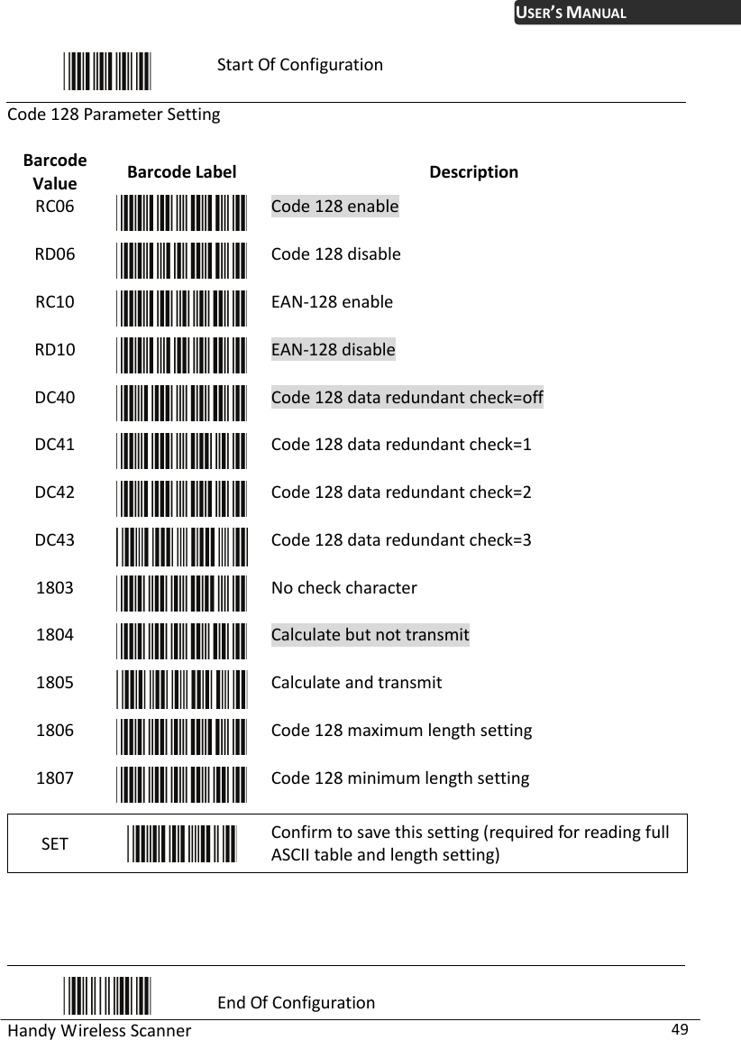 USER’S MANUAL Handy Wireless Scanner  49  Start Of Configuration Code 128 Parameter Setting  Barcode Value  Barcode Label  Description RC06  Code 128 enable RD06  Code 128 disable RC10  EAN-128 enable RD10  EAN-128 disable DC40  Code 128 data redundant check=off DC41  Code 128 data redundant check=1 DC42  Code 128 data redundant check=2 DC43  Code 128 data redundant check=3 1803  No check character 1804  Calculate but not transmit 1805  Calculate and transmit 1806  Code 128 maximum length setting 1807  Code 128 minimum length setting SET   Confirm to save this setting (required for reading full ASCII table and length setting)      End Of Configuration 