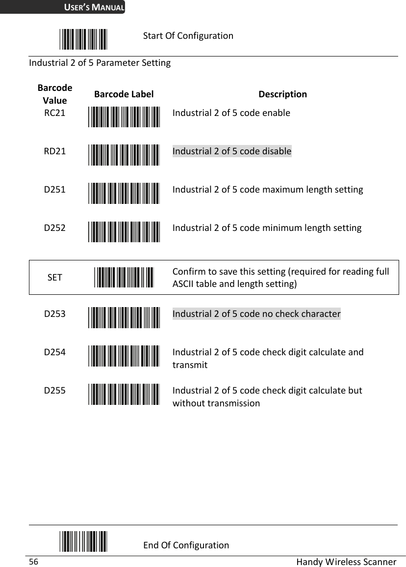 USER’S MANUAL  Handy Wireless Scanner 56  Start Of Configuration Industrial 2 of 5 Parameter Setting  Barcode Value  Barcode Label  Description RC21  Industrial 2 of 5 code enable RD21  Industrial 2 of 5 code disable D251  Industrial 2 of 5 code maximum length setting D252  Industrial 2 of 5 code minimum length setting SET   Confirm to save this setting (required for reading full ASCII table and length setting)    D253  Industrial 2 of 5 code no check character D254  Industrial 2 of 5 code check digit calculate and transmit D255  Industrial 2 of 5 code check digit calculate but without transmission         End Of Configuration 