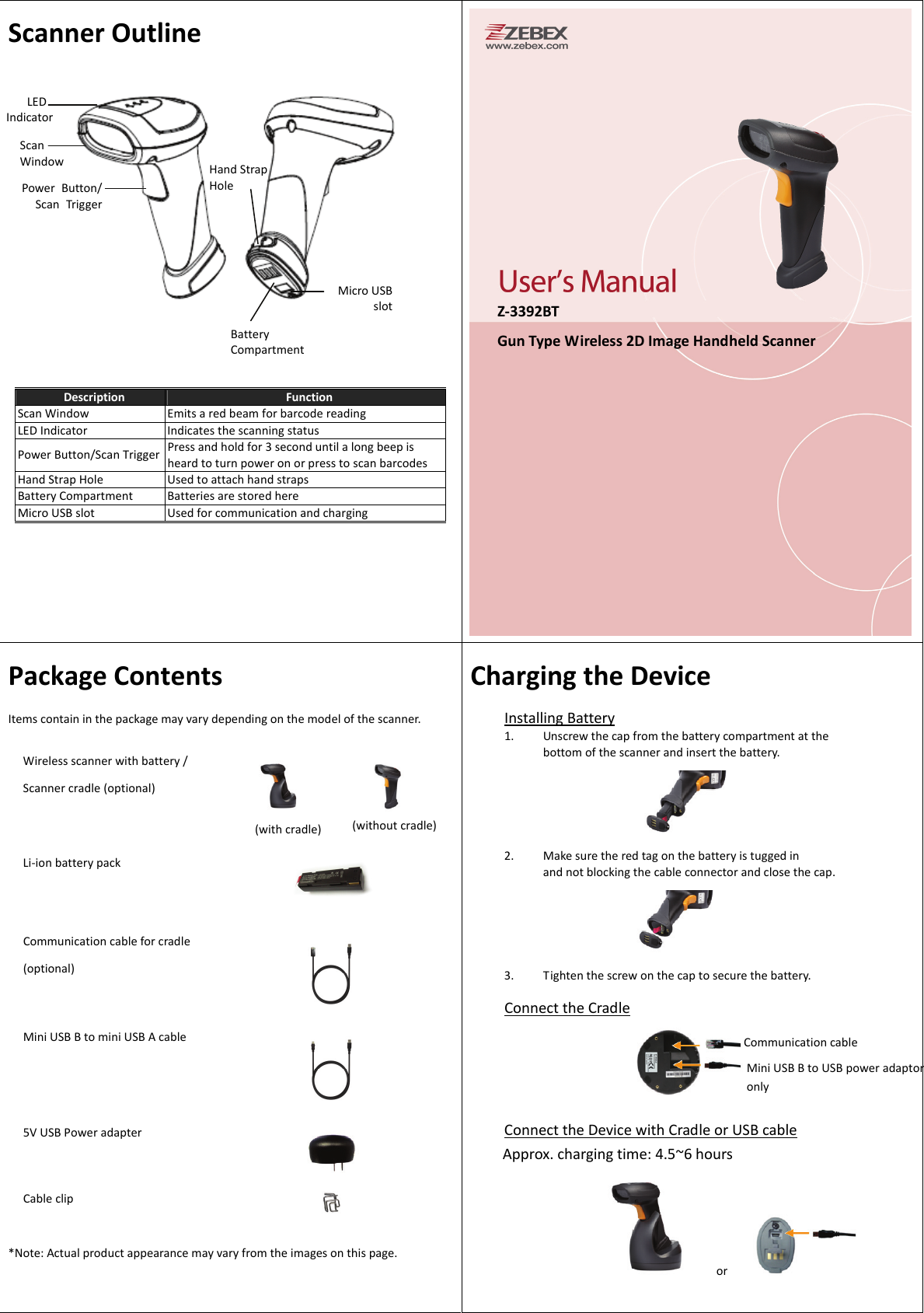 Scanner Outline        Description  Function Scan Window  Emits a red beam for barcode reading LED Indicator  Indicates the scanning status   Power Button/Scan Trigger  Press and hold for 3 second until a long beep is heard to turn power on or press to scan barcodes Hand Strap Hole  Used to attach hand straps Battery Compartment  Batteries are stored here Micro USB slot  Used for communication and charging   Package Contents Items contain in the package may vary depending on the model of the scanner. Wireless scanner with battery /   Scanner cradle (optional)     (with cradle)     (without cradle)Li-ion battery pack  Communication cable for cradle (optional)  Mini USB B to mini USB A cable  5V USB Power adapter   Cable clip    *Note: Actual product appearance may vary from the images on this page.   Charging the Device Installing Battery 1. Unscrew the cap from the battery compartment at the   bottom of the scanner and insert the battery.    2. Make sure the red tag on the battery is tugged in   and not blocking the cable connector and close the cap.    3. Tighten the screw on the cap to secure the battery. Connect the Cradle  Connect the Device with Cradle or USB cable Approx. charging time: 4.5~6 hours      or      Micro USB slot LED  Indicator Hand Strap Hole Battery Compartment Scan  Window Power Button/ Scan Trigger Communication cable Mini USB B to USB power adaptor   only Z-3392BT Gun Type Wireless 2D Image Handheld Scanner 