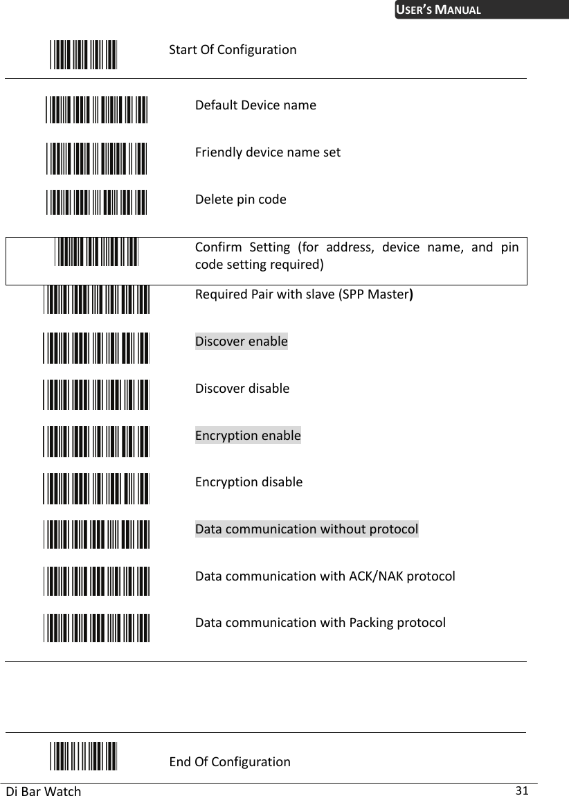 USER’S MANUAL Di Bar Watch  31  Start Of Configuration   Default Device name  Friendly device name set  Delete pin code  Confirm Setting (for address, device name, and pin code setting required)  Required Pair with slave (SPP Master)  Discover enable  Discover disable  Encryption enable  Encryption disable  Data communication without protocol    Data communication with ACK/NAK protocol  Data communication with Packing protocol        End Of Configuration 