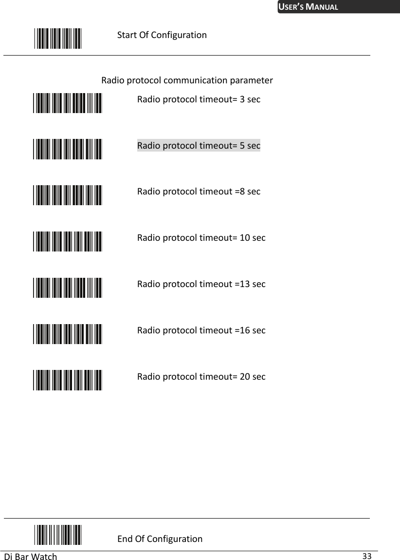 USER’S MANUAL Di Bar Watch  33  Start Of Configuration  Radio protocol communication parameter  Radio protocol timeout= 3 sec  Radio protocol timeout= 5 sec  Radio protocol timeout =8 sec  Radio protocol timeout= 10 sec  Radio protocol timeout =13 sec  Radio protocol timeout =16 sec  Radio protocol timeout= 20 sec            End Of Configuration 