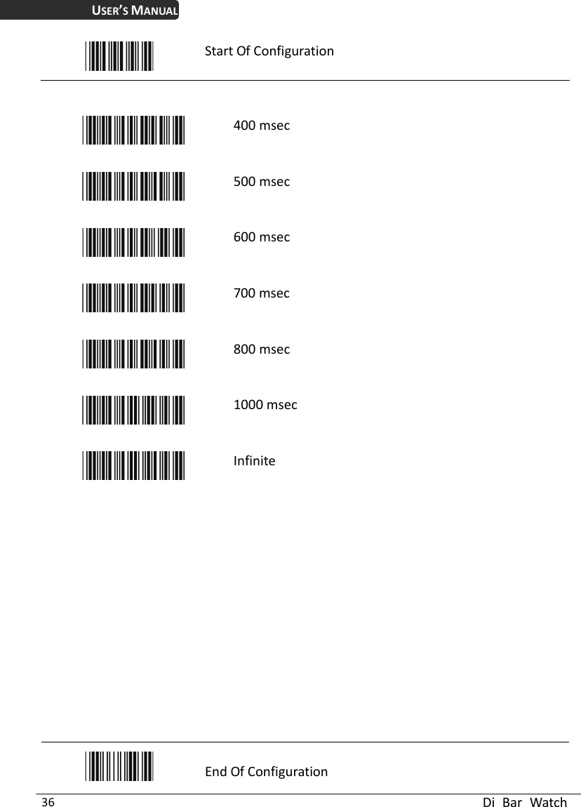 USER’S MANUAL  Di Bar Watch 36  Start Of Configuration    400 msec  500 msec  600 msec  700 msec  800 msec  1000 msec  Infinite                  End Of Configuration 