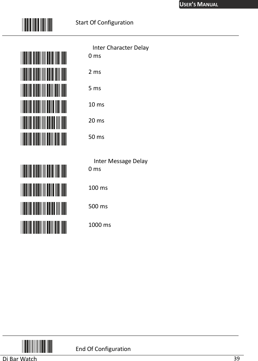 USER’S MANUAL Di Bar Watch  39  Start Of Configuration  Inter Character Delay  0 ms  2 ms  5 ms  10 ms  20 ms  50 ms  Inter Message Delay  0 ms  100 ms  500 ms  1000 ms              End Of Configuration 