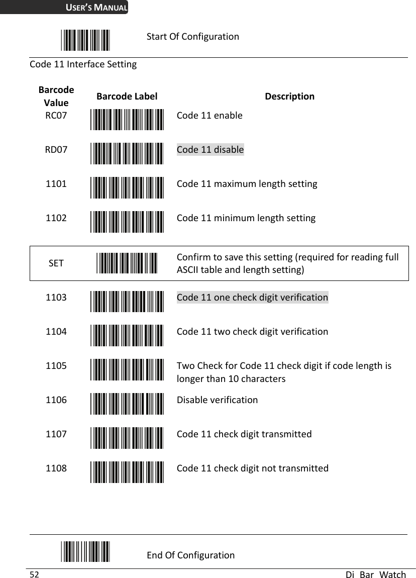 USER’S MANUAL  Di Bar Watch 52  Start Of Configuration Code 11 Interface Setting  Value  bel  Description Barcode  Barcode LaRC07  Code 11 enable RD07  Code 11 disable 1101  Code 11 maximum length setting 1102  Code 11 minimum length setting SET   Confirm to save this setting (required for reading full ASCII table and length setting)    1103  Code 11 one check digit verification 1104  Code 11 two check digit verification 1105  Two Check for Code 11 check digit if code length is longer than 10 characters 1106  Disable verification 1107  Code 11 check digit transmitted 1108  Code 11 check digit not transmitted     End Of Configuration 