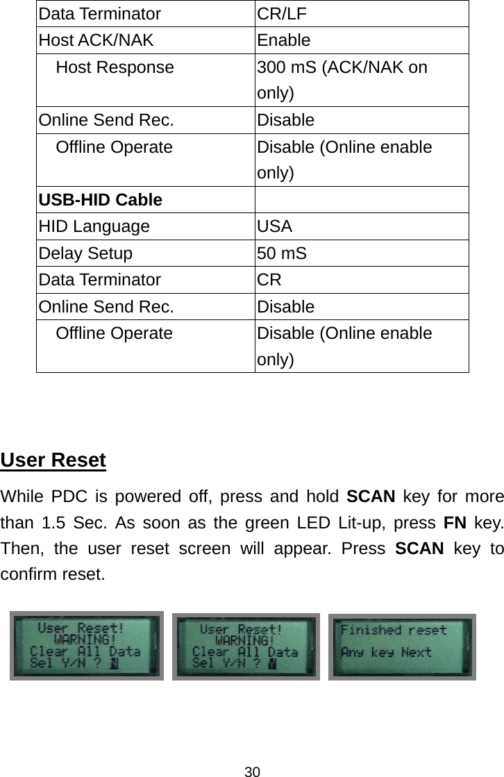  30Data Terminator  CR/LF Host ACK/NAK  Enable Host Response  300 mS (ACK/NAK on only) Online Send Rec.  Disable Offline Operate  Disable (Online enable only) USB-HID Cable   HID Language  USA Delay Setup  50 mS Data Terminator  CR Online Send Rec.  Disable Offline Operate  Disable (Online enable only)   User Reset While PDC is powered off, press and hold SCAN key for more than 1.5 Sec. As soon as the green LED Lit-up, press FN key. Then, the user reset screen will appear. Press SCAN key to confirm reset.          