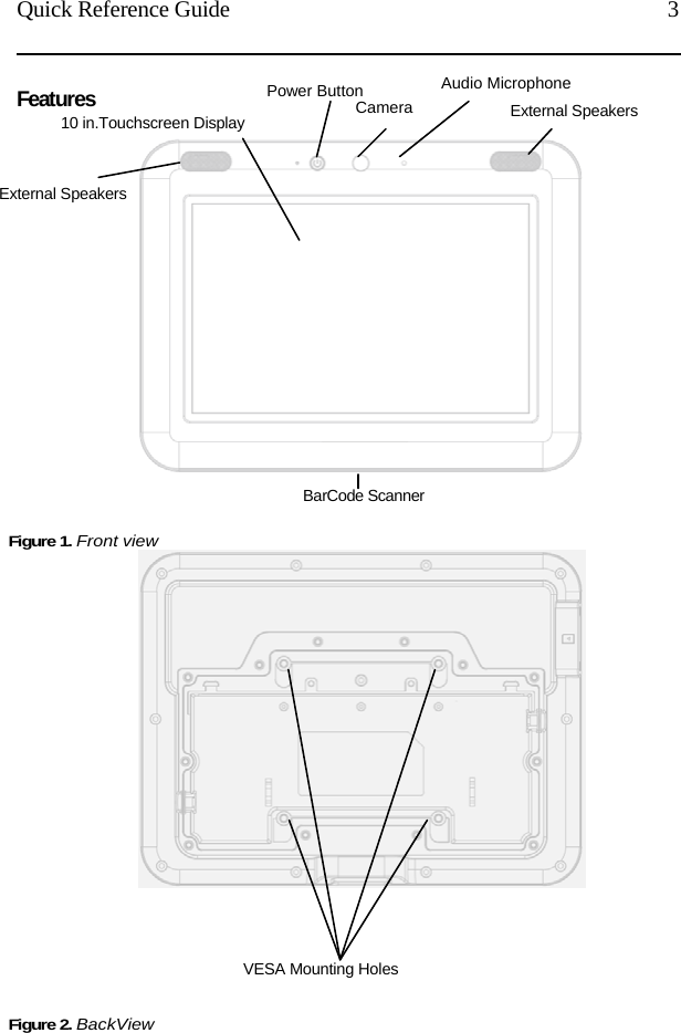   Quick Reference Guide  3  Features 10 in.Touchscreen Display                  Figure 1. Front view      Figure 2. BackViewCameraBarCode ScannerExternal SpeakersExternal Speakers Audio MicrophoneVESA Mounting Holes Power Button