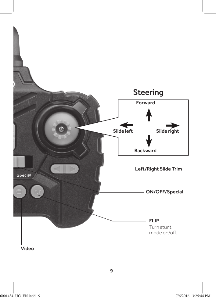 9Left/Right Slide TrimSteeringForwardBackwardSlide rightSlide leftON/OFF/SpecialFLIPTurn stunt mode on/o.Video6001434_UG_EN.indd   9 7/6/2016   3:25:44 PM