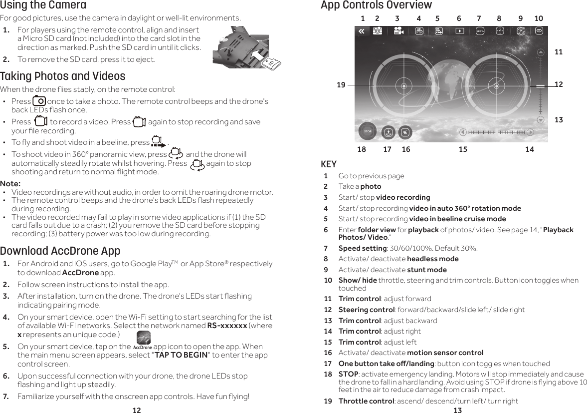 12 13Using the CameraFor good pictures, use the camera in daylight or well-lit environments.1.  For players using the remote control, align and insert a Micro SD card (not included) into the card slot in the direction as marked. Push the SD card in until it clicks.2.  To remove the SD card, press it to eject.Taking Photos and VideosWhen the drone ies stably, on the remote control: &bull;Press   once to take a photo. The remote control beeps and the drone's back LEDs ash once. &bull;Press     to record a video. Press    again to stop recording and save your le recording.  &bull; To y and shoot video in a beeline, press   . &bull; To shoot video in 360&deg; panoramic view, press    and the drone will automatically steadily rotate whilst hovering. Press    again to stop shooting and return to normal ight mode.Note: &bull;  Video recordings are without audio, in order to omit the roaring drone motor.&bull;  The remote control beeps and the drone's back LEDs ash repeatedly during recording.&bull;  The video recorded may fail to play in some video applications if (1) the SD card falls out due to a crash; (2) you remove the SD card before stopping recording; (3) battery power was too low during recording.Download AccDrone App1.  For Android and iOS users, go to Google PlayTM  or App Store&reg; respectively to download AccDrone app.2.  Follow screen instructions to install the app.3.   After installation, turn on the drone. The drone's LEDs start ashing indicating pairing mode.4.  On your smart device, open the Wi-Fi setting to start searching for the list of available Wi-Fi networks. Select the network named RS-xxxxxx (where x represents an unique code.)5.   On your smart device, tap on the  AccDrone app icon to open the app. When the main menu screen appears, select "TAP TO BEGIN" to enter the app control screen. 6.  Upon successful connection with your drone, the drone LEDs stop ashing and light up steadily.7.  Familiarize yourself with the onscreen app controls. Have fun ying!App Controls OverviewKEY1  Go to previous page2  Take a photo3  Start/ stop video recording4  Start/ stop recording video in auto 360&deg; rotation mode5  Start/ stop recording video in beeline cruise mode6  Enter folder view for playback of photos/ video. See page 14, "Playback Photos/ Video."7  Speed setting: 30/60/100%. Default 30%.8  Activate/ deactivate headless mode9  Activate/ deactivate stunt mode10 Show/ hide throttle, steering and trim controls. Button icon toggles when touched11 Trim control: adjust forward12 Steering control: forward/backward/slide left/ slide right13 Trim control: adjust backward14 Trim control: adjust right15 Trim control: adjust left16  Activate/ deactivate motion sensor control17 Onebuttontakeo/landing: button icon toggles when touched18 STOP: activate emergency landing. Motors will stop immediately and cause the drone to fall in a hard landing. Avoid using STOP if drone is ying above 10 feet in the air to reduce damage from crash impact.19 Throttle control: ascend/ descend/turn left/ turn right1       2           3            4          5            6           7           8            9        1011121318            17       16                                  15                14 19