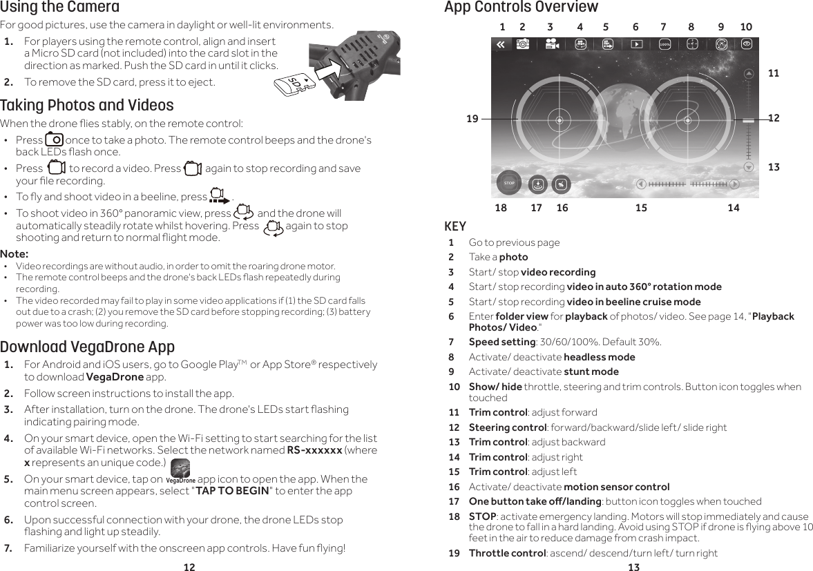 12 13Using the CameraFor good pictures, use the camera in daylight or well-lit environments.1.  For players using the remote control, align and insert a Micro SD card (not included) into the card slot in the direction as marked. Push the SD card in until it clicks.2.  To remove the SD card, press it to eject.Taking Photos and VideosWhen the drone ies stably, on the remote control: &bull;Press   once to take a photo. The remote control beeps and the drone's back LEDs ash once. &bull;Press     to record a video. Press    again to stop recording and save your le recording.  &bull; To y and shoot video in a beeline, press   . &bull; To shoot video in 360&deg; panoramic view, press    and the drone will automatically steadily rotate whilst hovering. Press    again to stop shooting and return to normal ight mode.Note: &bull;  Video recordings are without audio, in order to omit the roaring drone motor.&bull;  The remote control beeps and the drone's back LEDs ash repeatedly during recording.&bull;  The video recorded may fail to play in some video applications if (1) the SD card falls out due to a crash; (2) you remove the SD card before stopping recording; (3) battery power was too low during recording.Download VegaDrone App1.  For Android and iOS users, go to Google PlayTM  or App Store&reg; respectively to download VegaDrone app.2.  Follow screen instructions to install the app.3.   After installation, turn on the drone. The drone's LEDs start ashing indicating pairing mode.4.  On your smart device, open the Wi-Fi setting to start searching for the list of available Wi-Fi networks. Select the network named RS-xxxxxx (where x represents an unique code.)5.   On your smart device, tap on  VegaDrone app icon to open the app. When the main menu screen appears, select "TAP TO BEGIN" to enter the app control screen. 6.  Upon successful connection with your drone, the drone LEDs stop ashing and light up steadily.7.  Familiarize yourself with the onscreen app controls. Have fun ying!App Controls OverviewKEY1  Go to previous page2  Take a photo3  Start/ stop video recording4  Start/ stop recording video in auto 360&deg; rotation mode5  Start/ stop recording video in beeline cruise mode6  Enter folder view for playback of photos/ video. See page 14, "Playback Photos/ Video."7 Speed setting: 30/60/100%. Default 30%.8  Activate/ deactivate headless mode9  Activate/ deactivate stunt mode10 Show/ hide throttle, steering and trim controls. Button icon toggles when touched11 Trim control: adjust forward12 Steering control: forward/backward/slide left/ slide right13 Trim control: adjust backward14 Trim control: adjust right15 Trim control: adjust left16  Activate/ deactivate motion sensor control17 Onebuttontakeo/landing: button icon toggles when touched18 STOP: activate emergency landing. Motors will stop immediately and cause the drone to fall in a hard landing. Avoid using STOP if drone is ying above 10 feet in the air to reduce damage from crash impact.19 Throttle control: ascend/ descend/turn left/ turn right1       2           3            4          5            6           7           8            9        1011121318            17       16                                  15                14 19