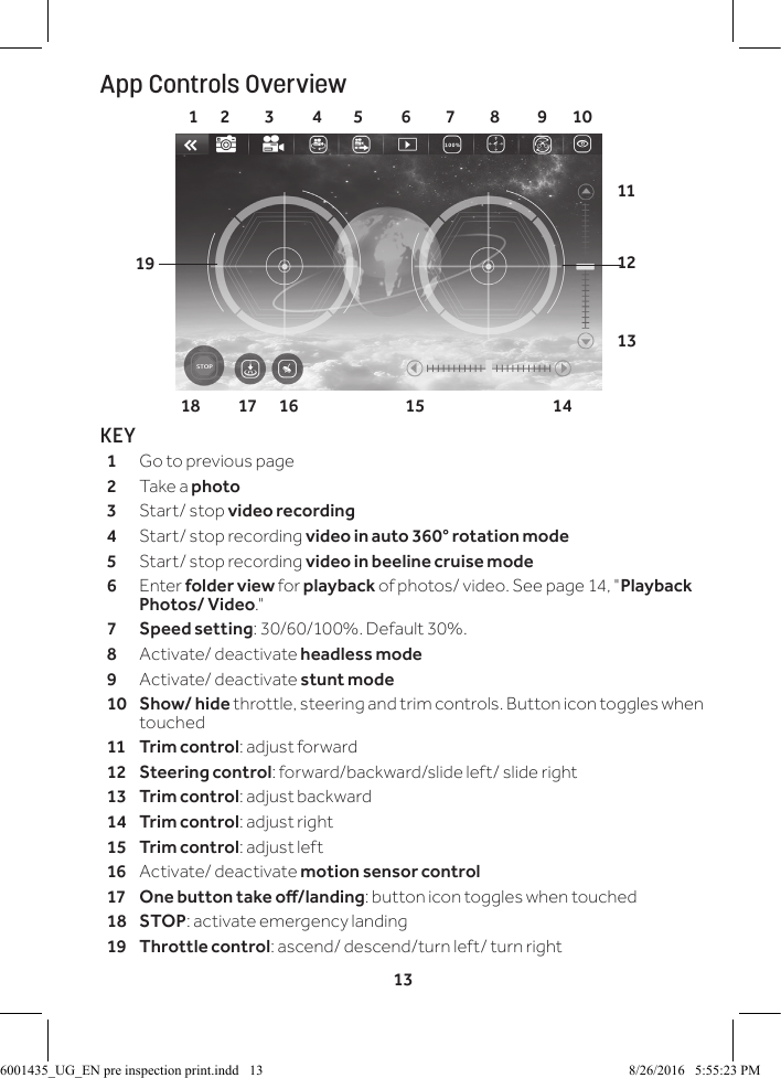 13App Controls OverviewKEY1  Go to previous page2  Take a photo3  Start/ stop video recording4  Start/ stop recording video in auto 360&deg; rotation mode5  Start/ stop recording video in beeline cruise mode6  Enter folder view for playback of photos/ video. See page 14, "Playback Photos/ Video."7  Speed setting: 30/60/100%. Default 30%.8  Activate/ deactivate headless mode9  Activate/ deactivate stunt mode10 Show/ hide throttle, steering and trim controls. Button icon toggles when touched11 Trim control: adjust forward12 Steering control: forward/backward/slide left/ slide right13 Trim control: adjust backward14 Trim control: adjust right15 Trim control: adjust left16  Activate/ deactivate motion sensor control17 Onebuttontakeo/landing: button icon toggles when touched18 STOP: activate emergency landing19 Throttle control: ascend/ descend/turn left/ turn right1       2           3            4          5            6           7           8            9        1011121318            17       16                                  15                14 196001435_UG_EN pre inspection print.indd   13 8/26/2016   5:55:23 PM