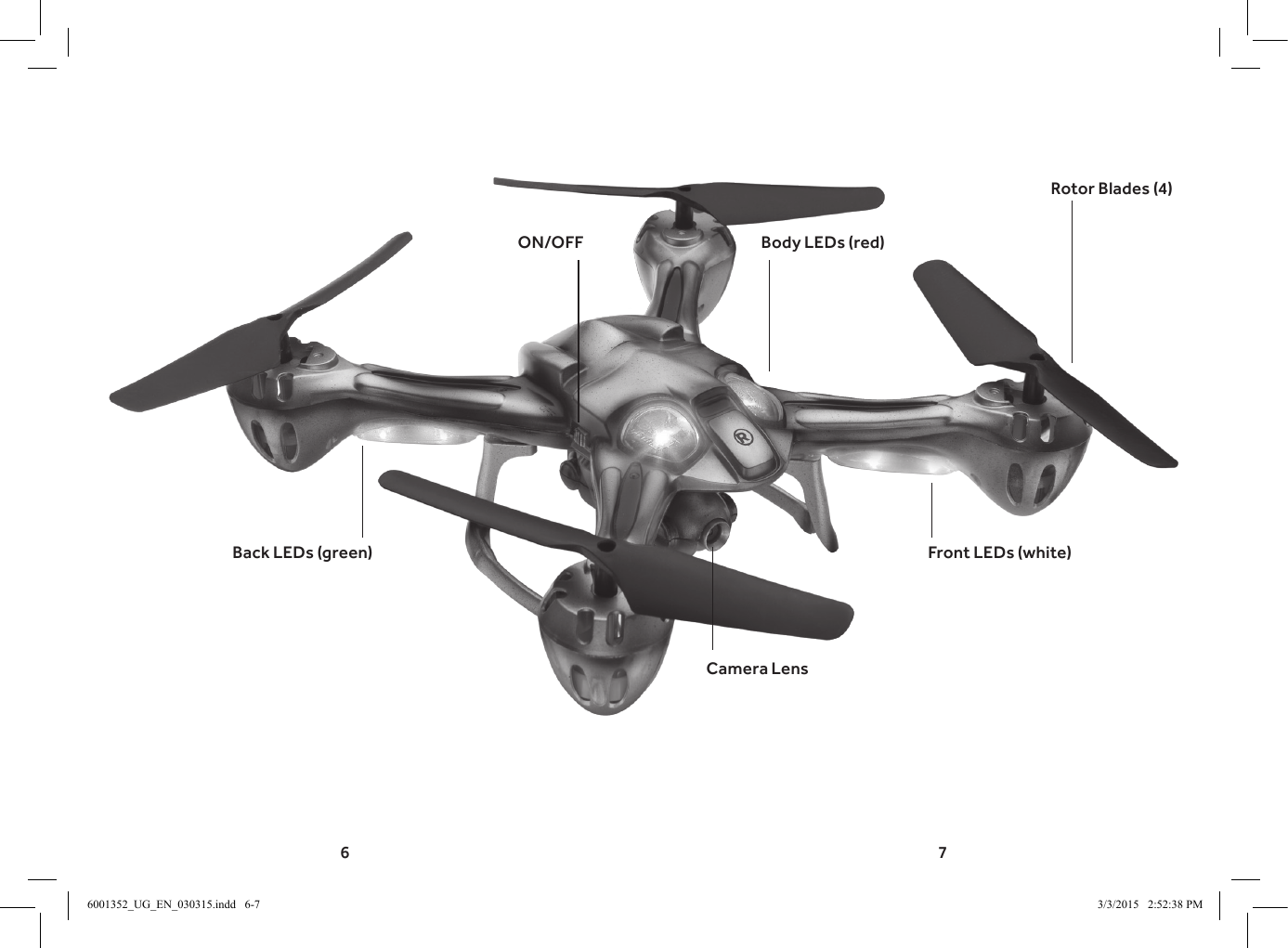 6 7ON/OFFBack LEDs (green)Camera LensFront LEDs (white)Rotor Blades (4)Body LEDs (red)6001352_UG_EN_030315.indd   6-7 3/3/2015   2:52:38 PM