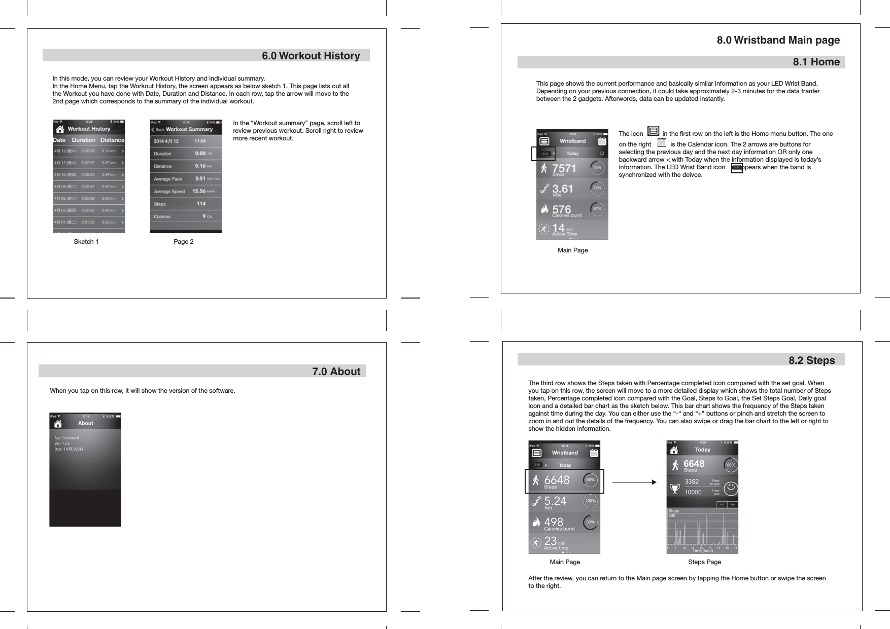  6.0 Workout HistoryIn this mode, you can review your Workout History and individual summary.In the Home Menu, tap the Workout History, the screen appears as below sketch 1. This page lists out all the Workout you have done with Date, Duration and Distance. In each row, tap the arrow will move to the 2nd page which corresponds to the summary of the individual workout.In the “Workout summary” page, scroll left to review previous workout. Scroll right to review more recent workout.This page shows the current performance and basically similar information as your LED Wrist Band. Depending on your previous connection, it could take approximately 2-3 minutes for the data tranfer between the 2 gadgets. Afterwords, data can be updated instantly.The third row shows the Steps taken with Percentage completed icon compared with the set goal. When you tap on this row, the screen will move to a more detailed display which shows the total number of Steps taken, Percentage completed icon compared with the Goal, Steps to Goal, the Set Steps Goal, Daily goal icon and a detailed bar chart as the sketch below. This bar chart shows the frequency of the Steps taken against time during the day. You can either use the “-“ and “+” buttons or pinch and stretch the screen to zoom in and out the details of the frequency. You can also swipe or drag the bar chart to the left or right to show the hidden information.Sketch 1 Page 27.0 AboutWhen you tap on this row, it will show the version of the software.8.0 Wristband Main page8.1 Home8.2 StepsMain PageAfter the review, you can return to the Main page screen by tapping the Home button or swipe the screen to the right.The icon           in the first row on the left is the Home menu button. The one on the right           is the Calendar icon. The 2 arrows are buttons for selecting the previous day and the next day information OR only one backward arrow &lt; with Today when the information displayed is today’s information. The LED Wrist Band icon       appears when the band is synchronized with the deivce.Main Page Steps Page
