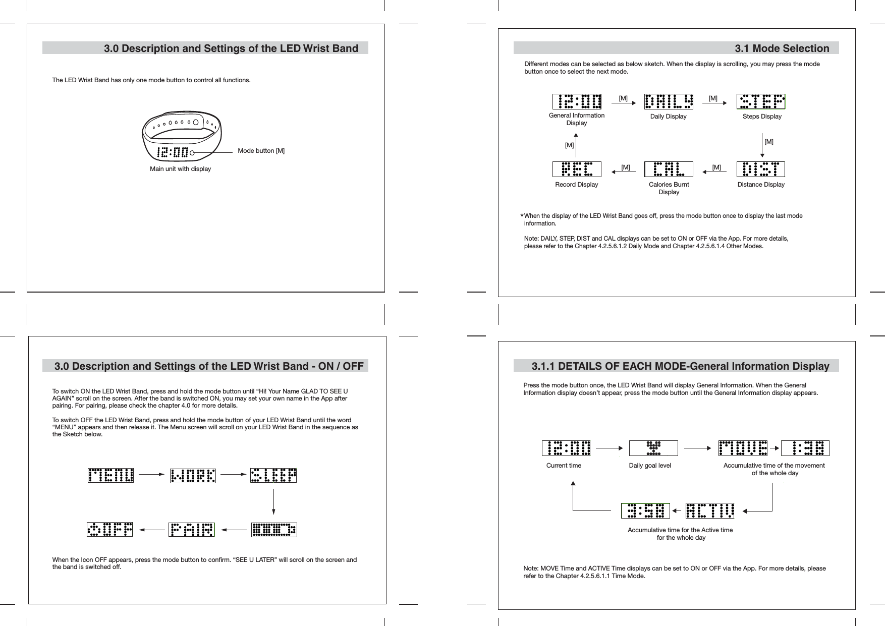 Main unit with display Mode button [M]3.0 Description and Settings of the LED Wrist Band3.0 Description and Settings of the LED Wrist Band - ON / OFFThe LED Wrist Band has only one mode button to control all functions.To switch ON the LED Wrist Band, press and hold the mode button until “Hi! Your Name GLAD TO SEE U AGAIN” scroll on the screen. After the band is switched ON, you may set your own name in the App after pairing. For pairing, please check the chapter 4.0 for more details.To switch OFF the LED Wrist Band, press and hold the mode button of your LED Wrist Band until the word “MENU” appears and then release it. The Menu screen will scroll on your LED Wrist Band in the sequence as the Sketch below.When the Icon OFF appears, press the mode button to confirm. “SEE U LATER” will scroll on the screen and the band is switched off.3.1 Mode Selection3.1.1 DETAILS OF EACH MODE-General Information DisplayPress the mode button once, the LED Wrist Band will display General Information. When the General Information display doesn’t appear, press the mode button until the General Information display appears. Note: MOVE Time and ACTIVE Time displays can be set to ON or OFF via the App. For more details, please refer to the Chapter 4.2.5.6.1.1 Time Mode.Current time Daily goal level Accumulative time of the movement of the whole dayAccumulative time for the Active time for the whole dayDifferent modes can be selected as below sketch. When the display is scrolling, you may press the mode button once to select the next mode.Daily DisplayWhen the display of the LED Wrist Band goes off, press the mode button once to display the last mode information.Note: DAILY, STEP, DIST and CAL displays can be set to ON or OFF via the App. For more details, please refer to the Chapter 4.2.5.6.1.2 Daily Mode and Chapter 4.2.5.6.1.4 Other Modes.*Record Display[M] [M][M][M][M][M]General Information DisplaySteps DisplayDistance DisplayCalories Burnt Display