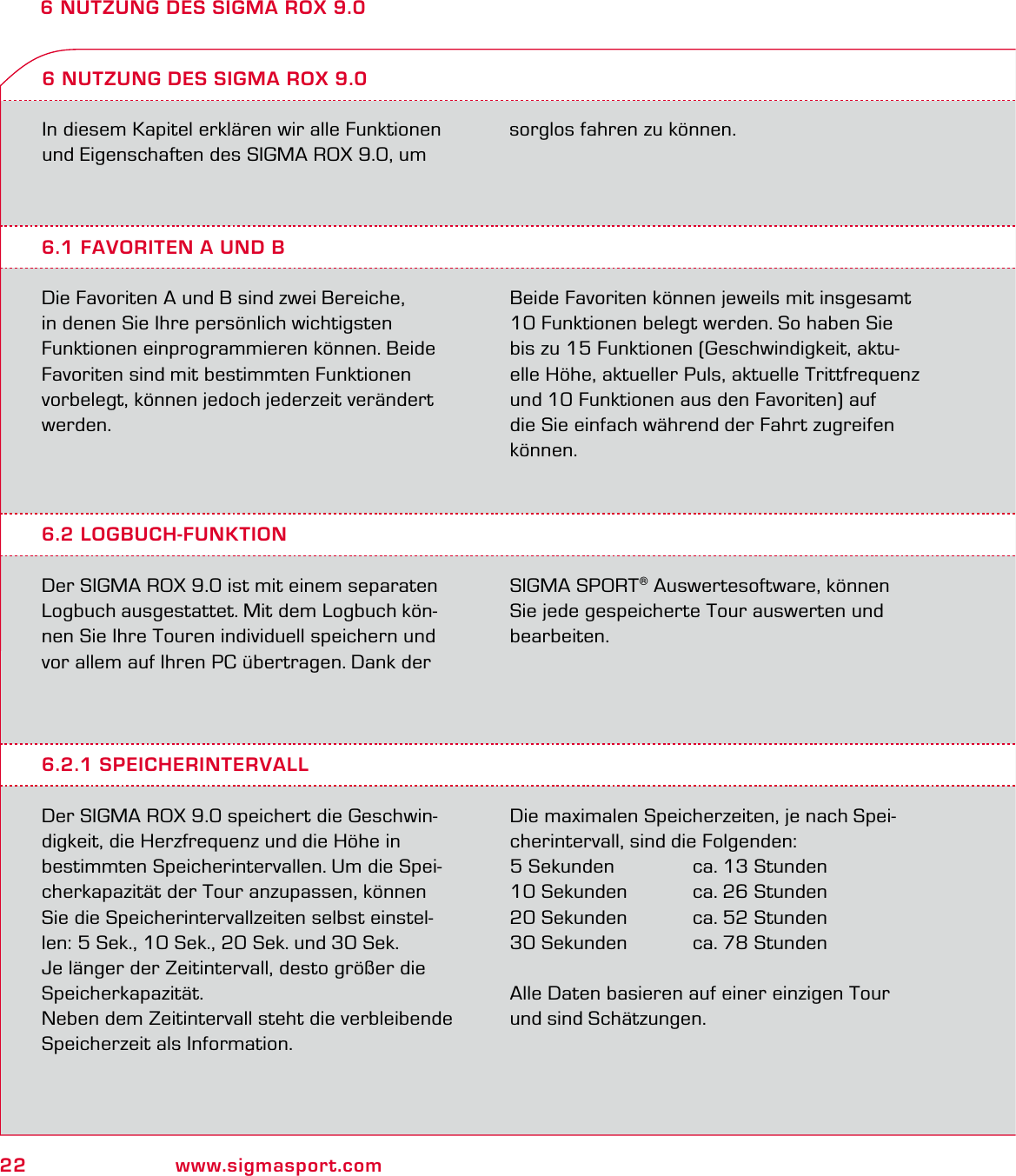 22 www.sigmasport.com6 NUTZUNG DES SIGMA ROX 9.0In diesem Kapitel erklären wir alle Funktionen und Eigenschaften des SIGMA ROX 9.0, um 6.1 FAVORITEN A UND BDie Favoriten A und B sind zwei Bereiche, in denen Sie Ihre persönlich wichtigsten Funktionen einprogrammieren können. Beide Favoriten sind mit bestimmten Funktionen vorbelegt, können jedoch jederzeit verändert werden.Beide Favoriten können jeweils mit insgesamt 10 Funktionen belegt werden. So haben Sie bis zu 15 Funktionen (Geschwindigkeit, aktu-elle Höhe, aktueller Puls, aktuelle Trittfrequenz und 10 Funktionen aus den Favoriten) auf die Sie einfach während der Fahrt zugreifen können.6 NUTZUNG DES SIGMA ROX 9.0 6.2 LOGBUCH-FUNKTIONDer SIGMA ROX 9.0 ist mit einem separaten Logbuch ausgestattet. Mit dem Logbuch kön-nen Sie Ihre Touren individuell speichern und vor allem auf Ihren PC übertragen. Dank der SIGMA SPORT® Auswertesoftware, können Sie jede gespeicherte Tour auswerten und bearbeiten.6.2.1 SPEICHERINTERVALLDer SIGMA ROX 9.0 speichert die Geschwin-digkeit, die Herzfrequenz und die Höhe in bestimmten Speicherintervallen. Um die Spei-cherkapazität der Tour anzupassen, können Sie die Speicherintervallzeiten selbst einstel-len: 5 Sek., 10 Sek., 20 Sek. und 30 Sek.Je länger der Zeitintervall, desto größer die Speicherkapazität.Neben dem Zeitintervall steht die verbleibende Speicherzeit als Information.Die maximalen Speicherzeiten, je nach Spei-cherintervall, sind die Folgenden:5 Sekunden  ca. 13 Stunden10 Sekunden  ca. 26 Stunden20 Sekunden  ca. 52 Stunden30 Sekunden  ca. 78 StundenAlle Daten basieren auf einer einzigen Tour und sind Schätzungen.sorglos fahren zu können.