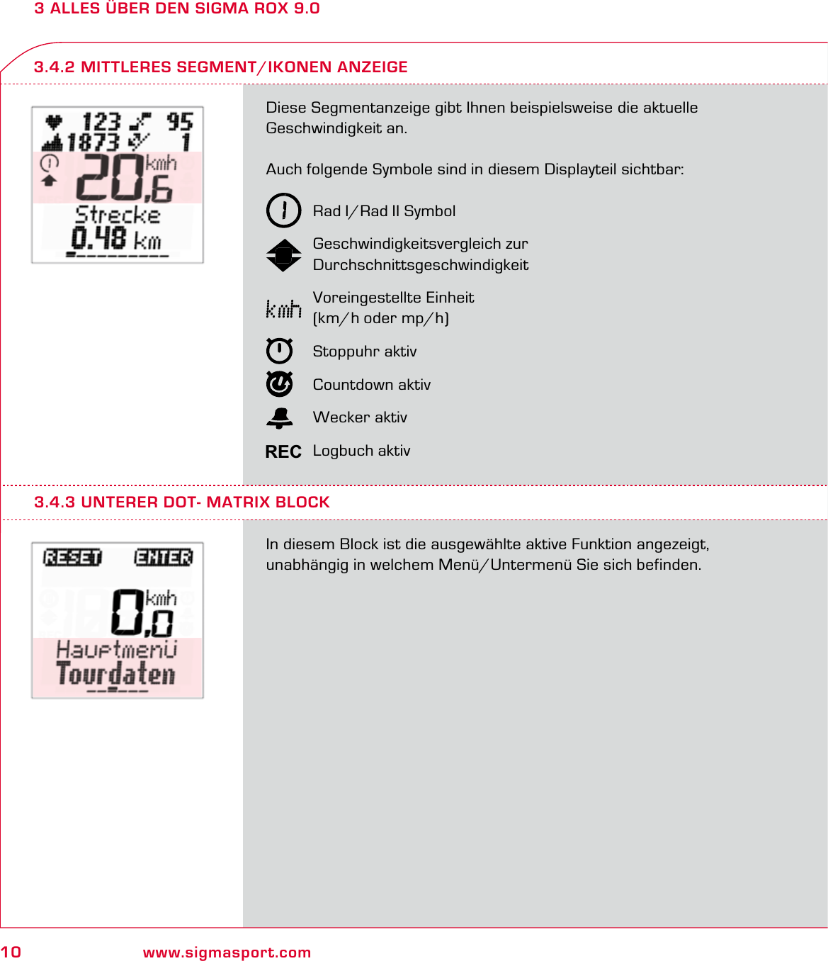 10 www.sigmasport.com3 ALLES ÜBER DEN SIGMA ROX 9.0Diese Segmentanzeige gibt Ihnen beispielsweise die aktuelle Geschwindigkeit an.Auch folgende Symbole sind in diesem Displayteil sichtbar:   Rad I/Rad II Symbol   Geschwindigkeitsvergleich zur  Durchschnittsgeschwindigkeit   Voreingestellte Einheit   (km/h oder mp/h)   Stoppuhr aktiv   Countdown aktiv   Wecker aktiv   Logbuch aktivIn diesem Block ist die ausgewählte aktive Funktion angezeigt, unabhängig in welchem Menü/Untermenü Sie sich befinden.3.4.2 MITTLERES SEGMENT/IKONEN ANZEIGE3.4.3 UNTERER DOT- MATRIX BLOCKREC