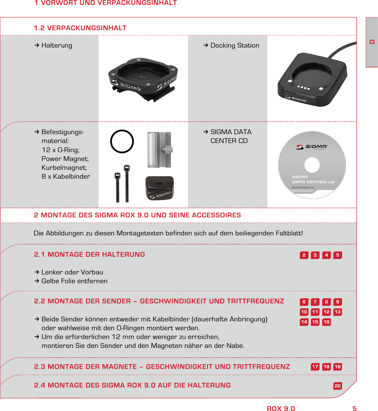 5DROX 9.01 VORWORT UND VERPACKUNGSINHALT3Halterung 3Docking Station3Befestigungs- material:   12 x O-Ring;  Power Magnet;  Kurbelmagnet;   8 x Kabelbinder3SIGMA DATA  CENTER CD2 MONTAGE DES SIGMA ROX 9.0 UND SEINE ACCESSOIRESDie Abbildungen zu diesen Montagetexten befinden sich auf dem beiliegenden Faltblatt!2.1 MONTAGE DER HALTERUNG3Lenker oder Vorbau3Gelbe Folie entfernen2.2 MONTAGE DER SENDER – GESCHWINDIGKEIT UND TRITTFREQUENZ3Beide Sender können entweder mit Kabelbinder (dauerhafte Anbringung)   oder wahlweise mit den O-Ringen montiert werden.3Um die erforderlichen 12 mm oder weniger zu erreichen,   montieren Sie den Sender und den Magneten näher an der Nabe.1.2 VERPACKUNGSINHALT2.4 MONTAGE DES SIGMA ROX 9.0 AUF DIE HALTERUNG5432987613121110202.3 MONTAGE DER MAGNETE – GESCHWINDIGKEIT UND TRITTFREQUENZ161514191817SIGMA DATA CENTER 1.0SOFTWARE CD