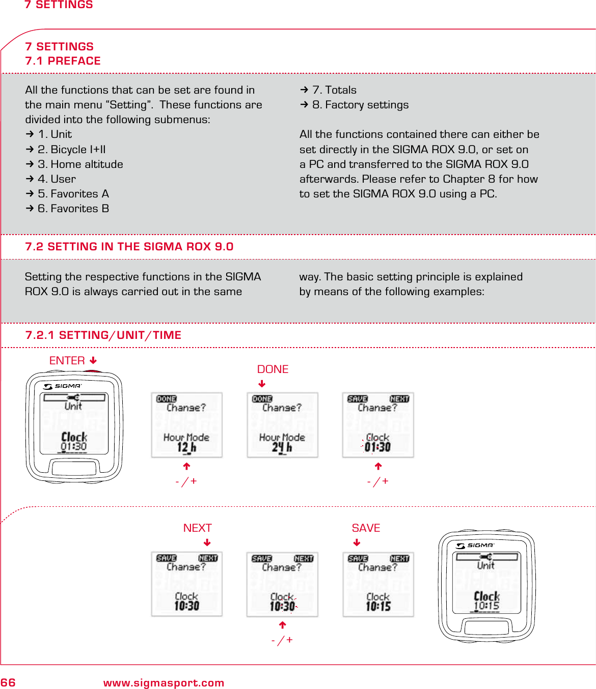 66 www.sigmasport.com7 SETTINGSAll the functions that can be set are found in the main menu “Setting”.  These functions are divided into the following submenus:31. Unit32. Bicycle I+II33. Home altitude34. User35. Favorites A36. Favorites B37. Totals38. Factory settingsAll the functions contained there can either be set directly in the SIGMA ROX 9.0, or set on a PC and transferred to the SIGMA ROX 9.0 afterwards. Please refer to Chapter 8 for how to set the SIGMA ROX 9.0 using a PC.7.2 SETTING IN THE SIGMA ROX 9.0Setting the respective functions in the SIGMA ROX 9.0 is always carried out in the same way. The basic setting principle is explained  by means of the following examples:7 SETTINGS7.1 PREFACE6- /+7.2.1 SETTING/UNIT/TIMEDONE6- /+6- /+NEXTSAVEENTER 